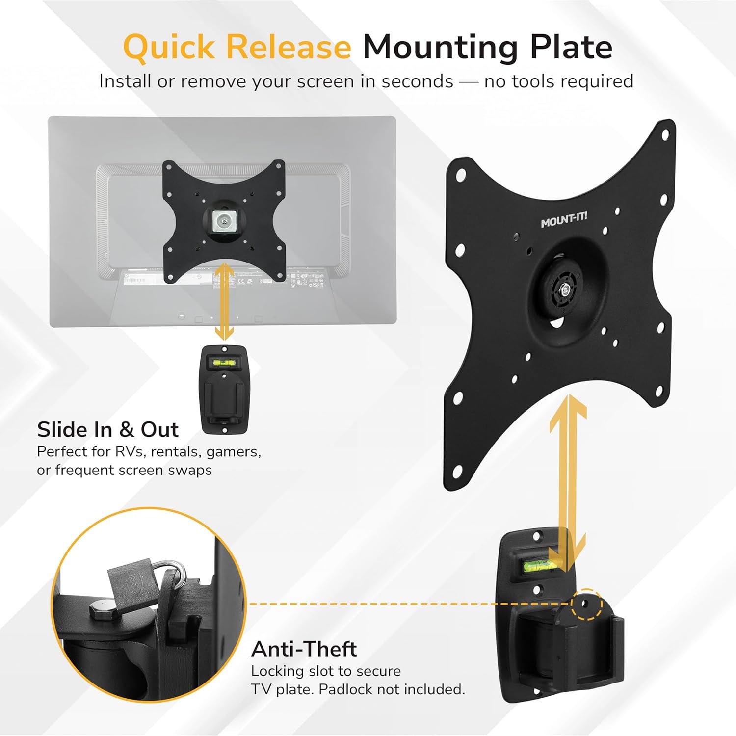 image:imageMountIt AntiTheft Locking TV Wall Mount 2355 Inch Swivel Tilt Removable VESA Plate Single Stud IndoorOutdoor RV Use VESA 75x75400x400 44 Lb