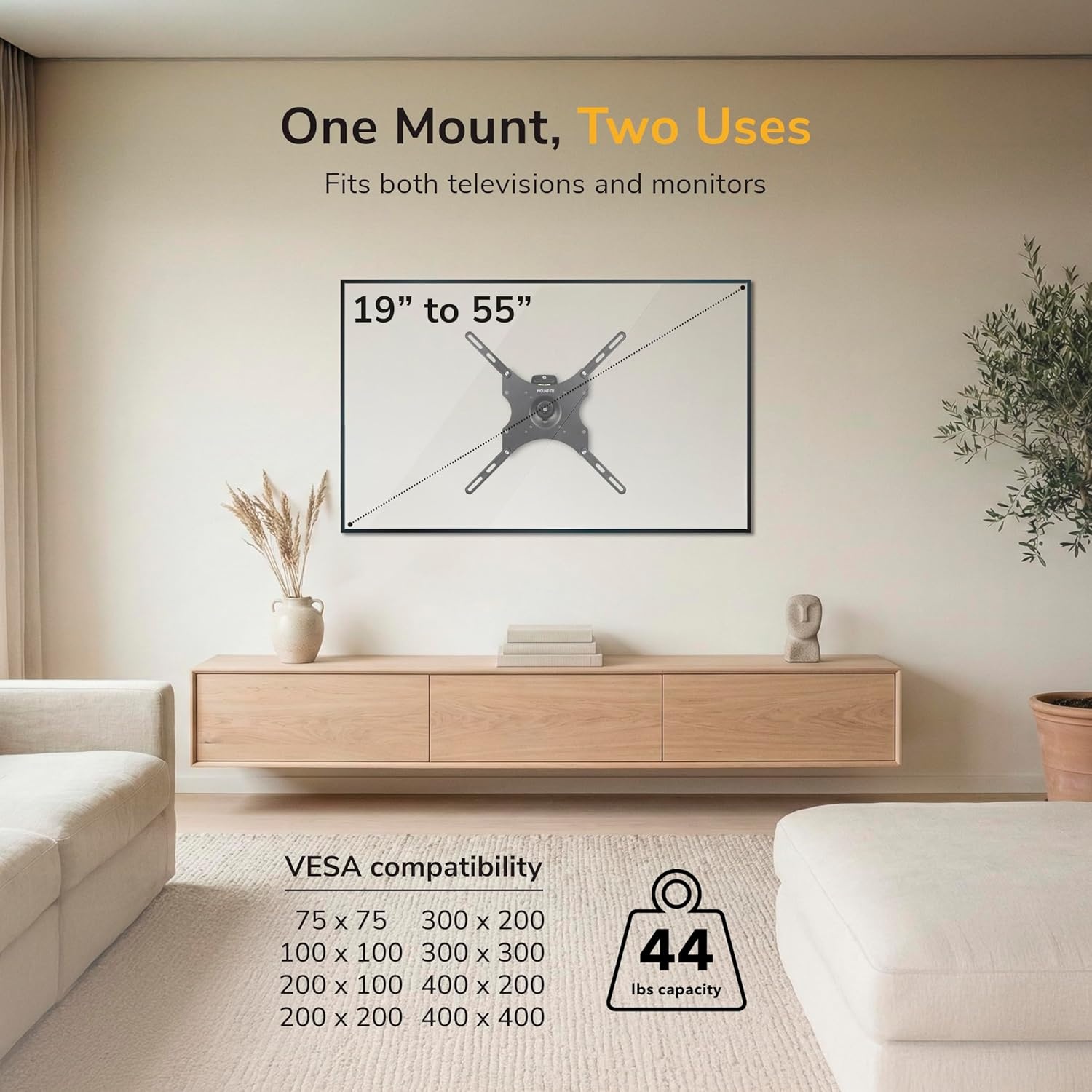 image:imageMountIt AntiTheft Locking TV Wall Mount 2355 Inch Swivel Tilt Removable VESA Plate Single Stud IndoorOutdoor RV Use VESA 75x75400x400 44 Lb