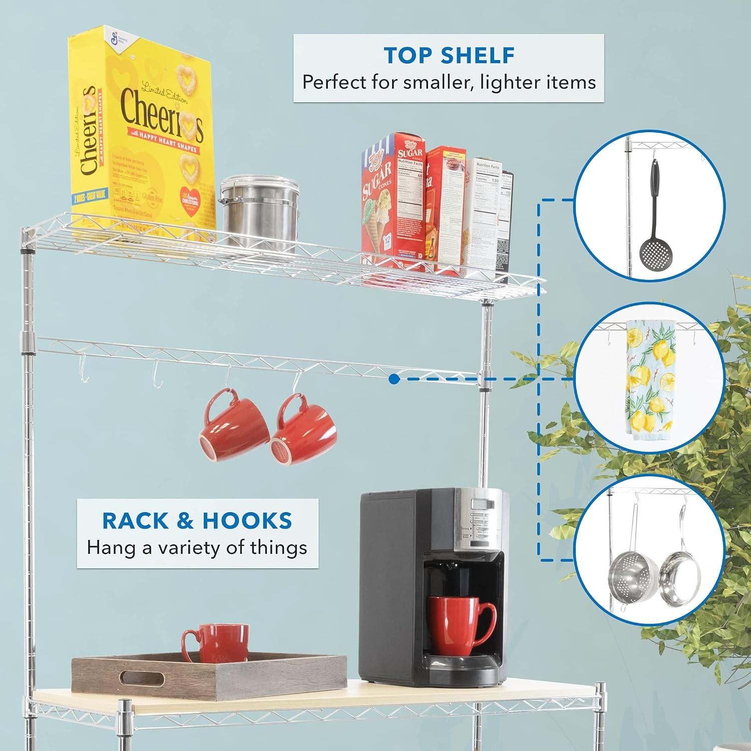 image:imageMountIt Bakers Rack with Solid Wood Tabletop Durable Metal Kitchen Organizer Adjustable Shelves Hooks Microwave amp Oven Stand Ideal for Cookware amp Appliances 14 D x 35 W x 62 H