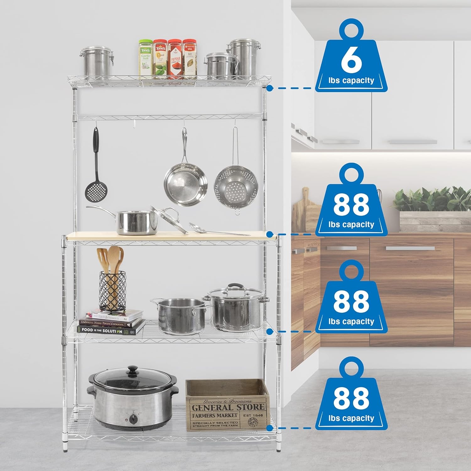 image:imageMountIt Bakers Rack with Solid Wood Tabletop Durable Metal Kitchen Organizer Adjustable Shelves Hooks Microwave amp Oven Stand Ideal for Cookware amp Appliances 14 D x 35 W x 62 H