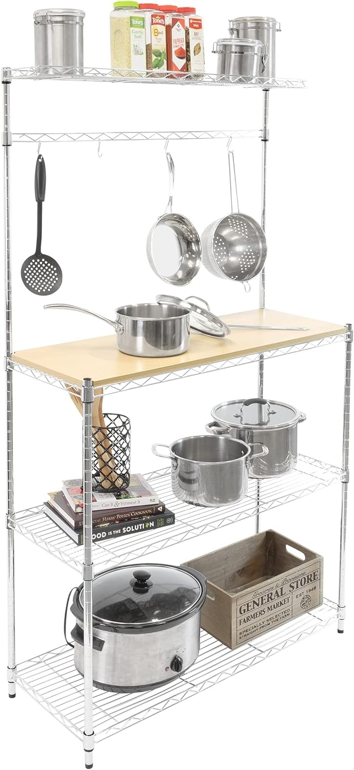 image:imageMountIt Bakers Rack with Solid Wood Tabletop Durable Metal Kitchen Organizer Adjustable Shelves Hooks Microwave amp Oven Stand Ideal for Cookware amp Appliances 14 D x 35 W x 62 H