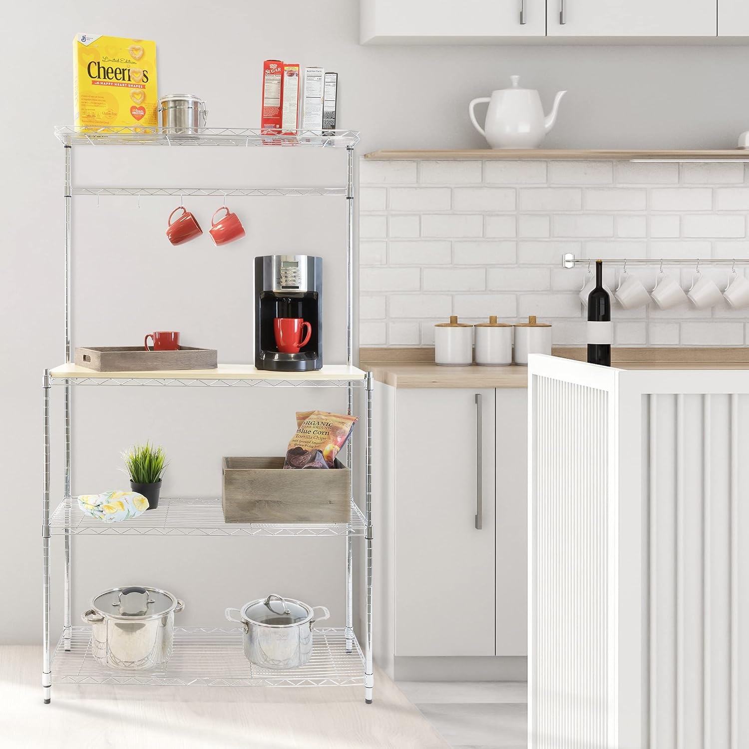 image:imageMountIt Bakers Rack with Solid Wood Tabletop Durable Metal Kitchen Organizer Adjustable Shelves Hooks Microwave amp Oven Stand Ideal for Cookware amp Appliances 14 D x 35 W x 62 H