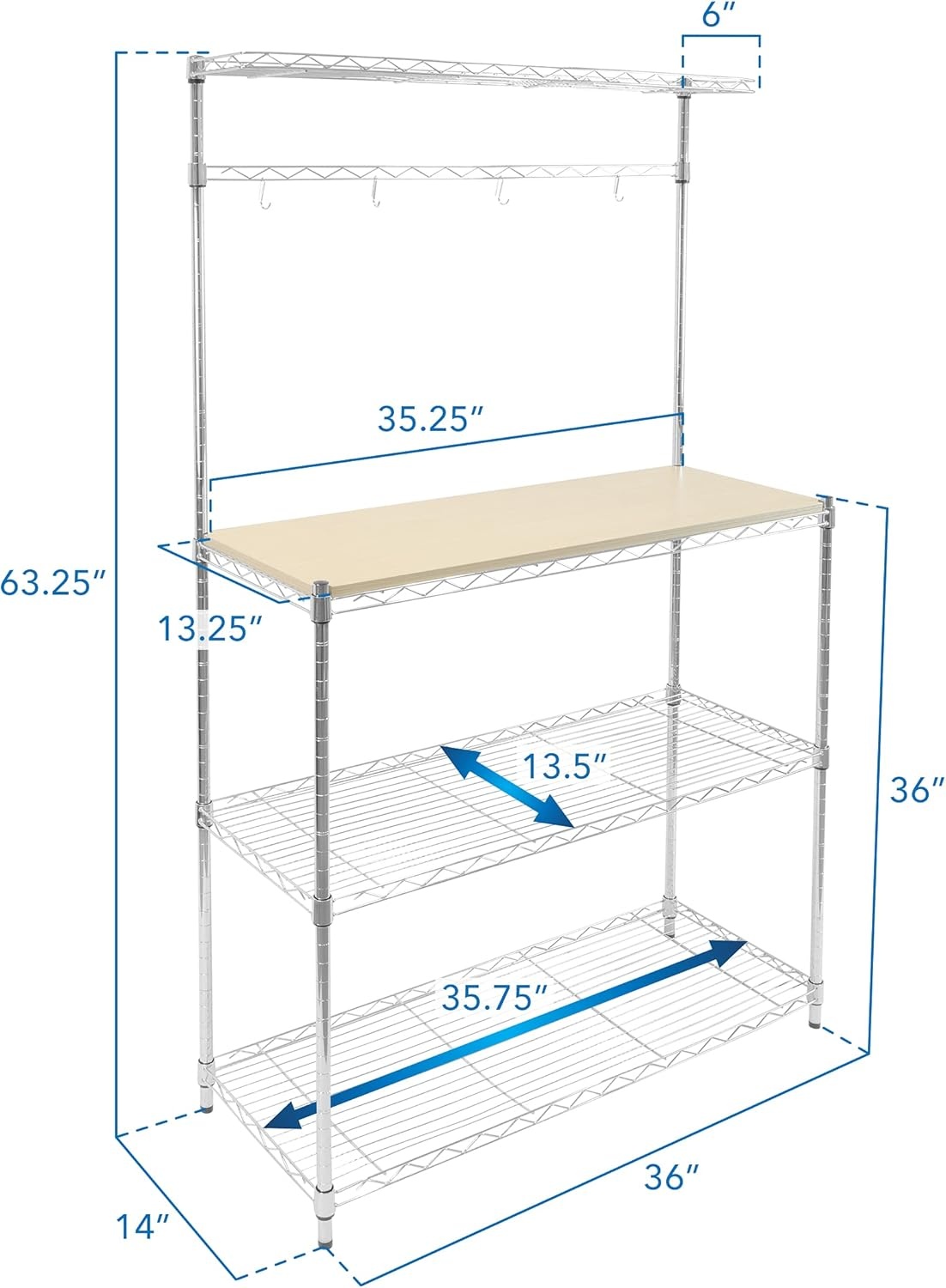 image:imageMountIt Bakers Rack with Solid Wood Tabletop Durable Metal Kitchen Organizer Adjustable Shelves Hooks Microwave amp Oven Stand Ideal for Cookware amp Appliances 14 D x 35 W x 62 H