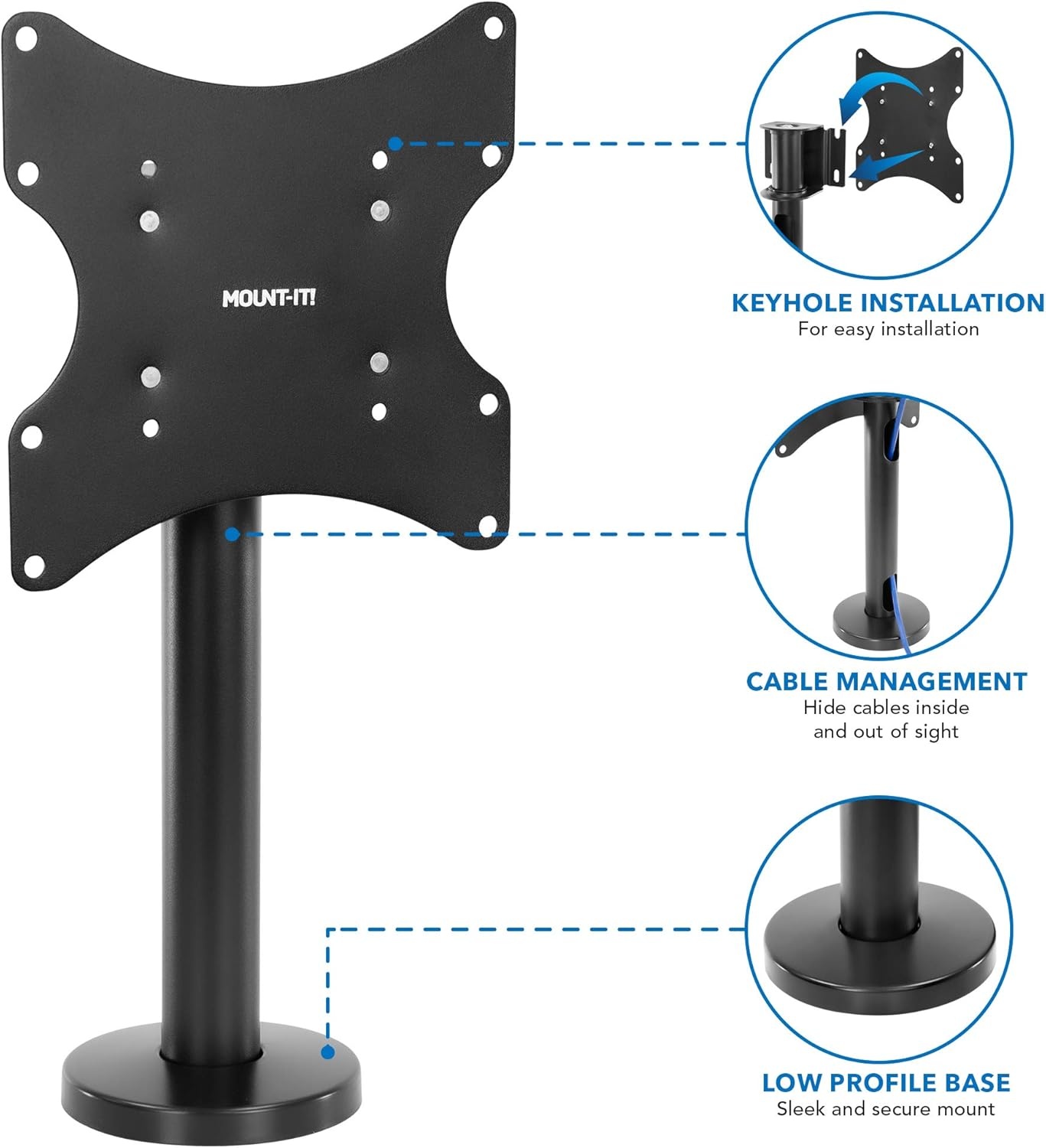 image:imageMountIt Bolt Down TV Stand AntiTip Swivel Tabletop TV Mount for 2343 Screens up to 110 lbs VESA 100x100 to 200x200 LowProfile Desktop TV Base for Desk or Bedroom Steel Black