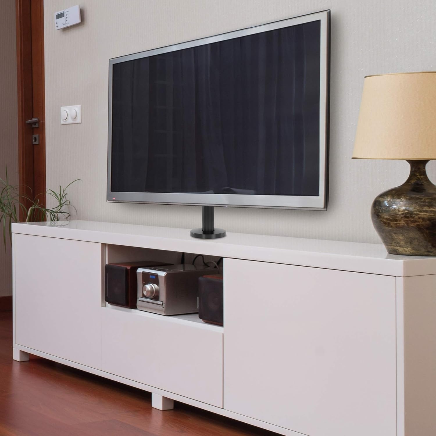 image:imageMountIt Bolt Down TV Stand AntiTip Swivel Tabletop TV Mount for 2343 Screens up to 110 lbs VESA 100x100 to 200x200 LowProfile Desktop TV Base for Desk or Bedroom Steel Black