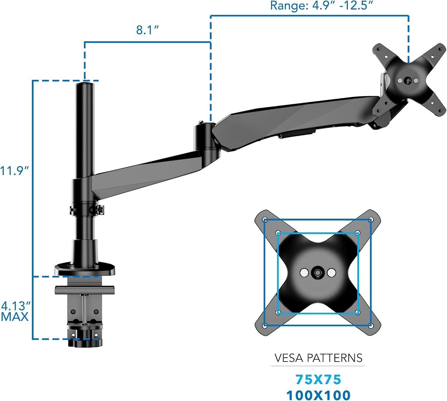 image:imageMountIt CLiX Series Single Monitor Desk Mount Gas Spring Arm TAACompliant Computer Monitor Mount 1332 up to 198 lbs VESA 75 100 Full Motion Premium Aluminum Clamp Grommet Black