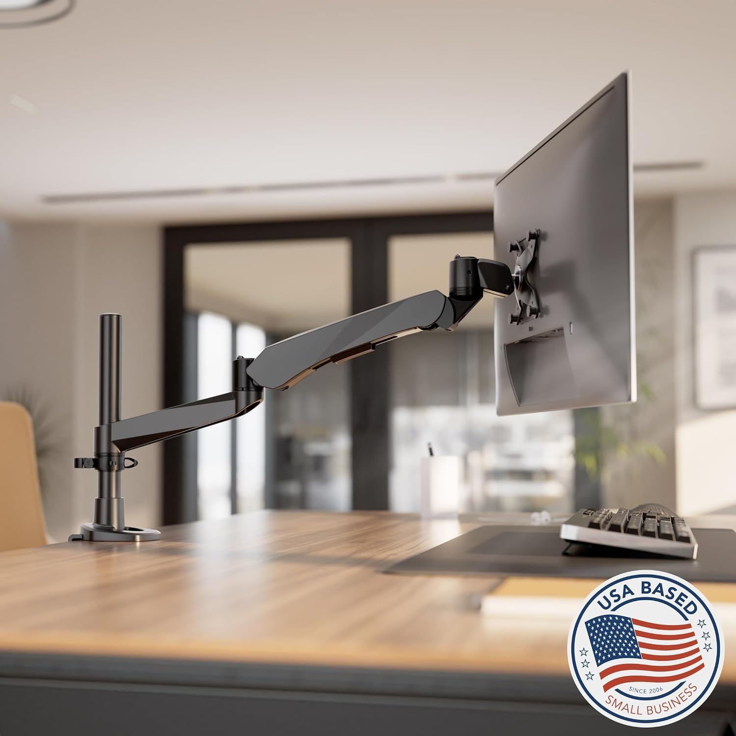 image:imageMountIt CLiX Series Single Monitor Desk Mount Gas Spring Arm TAACompliant Computer Monitor Mount 1332 up to 198 lbs VESA 75 100 Full Motion Premium Aluminum Clamp Grommet Black