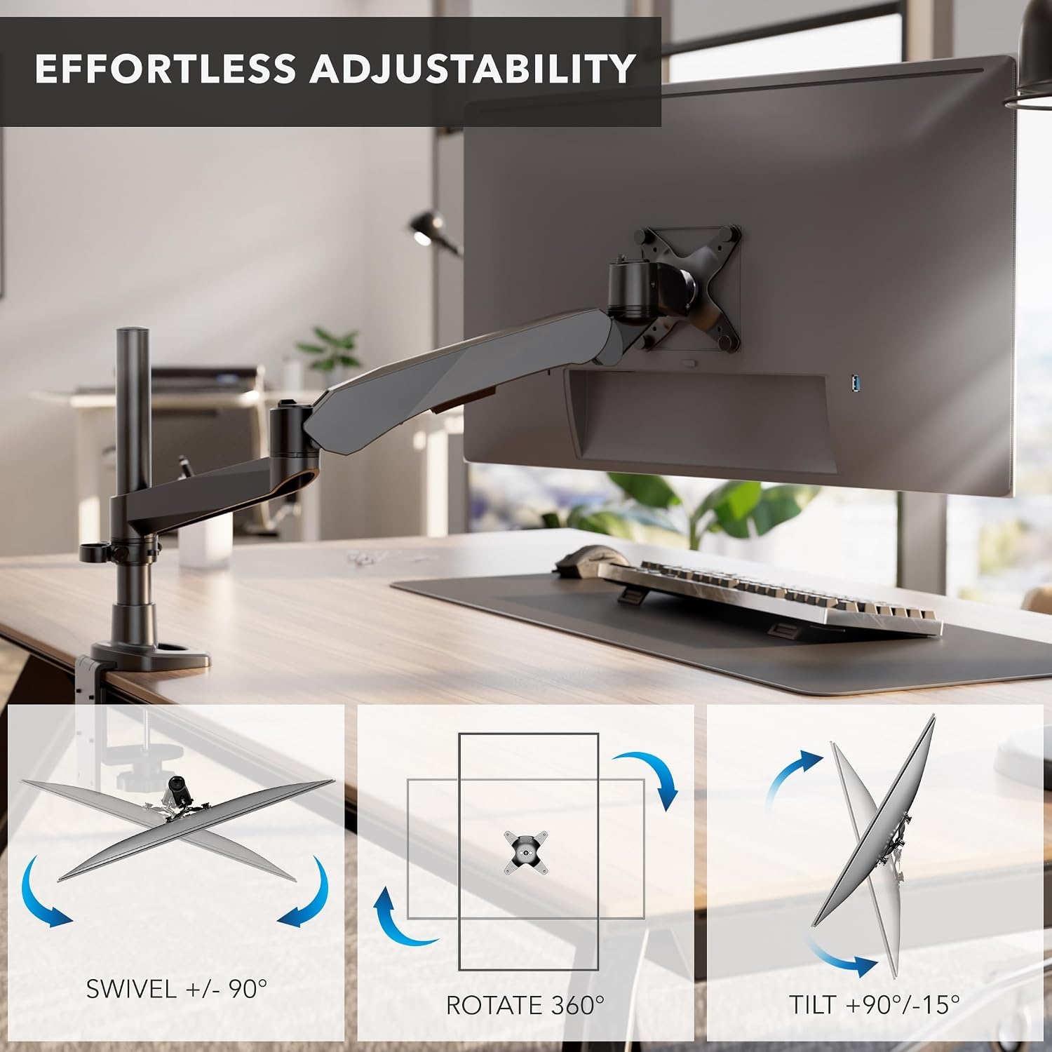 image:imageMountIt CLiX Series Single Monitor Desk Mount Gas Spring Arm TAACompliant Computer Monitor Mount 1332 up to 198 lbs VESA 75 100 Full Motion Premium Aluminum Clamp Grommet Black