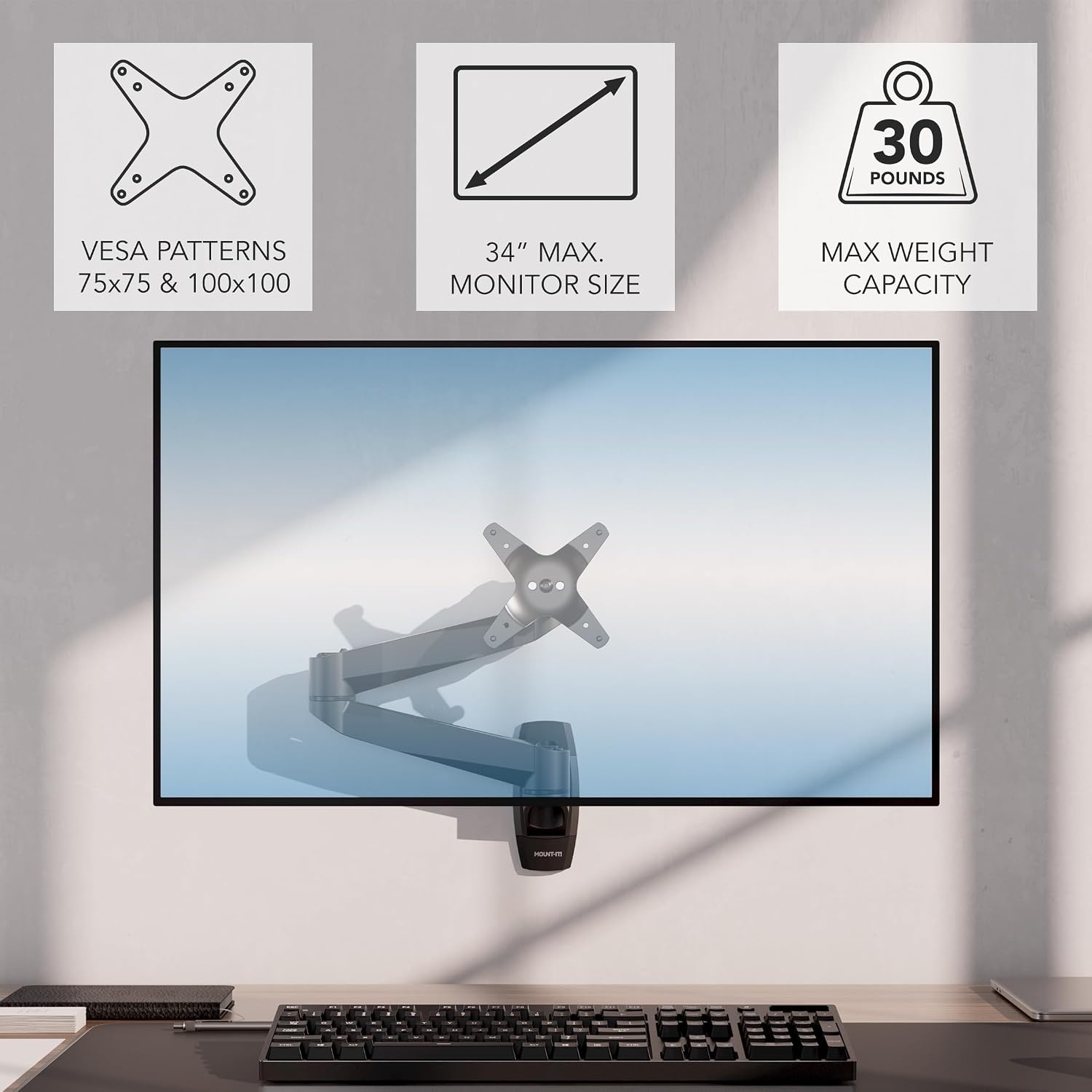 image:imageMountIt CLiX Series Single Monitor Wall Mount Full Motion Articulating Arm TAACompliant Fits 1334 Screens up to 30 lbs VESA 75 amp 100 Premium Aluminum Precision Control SpaceSaving Black