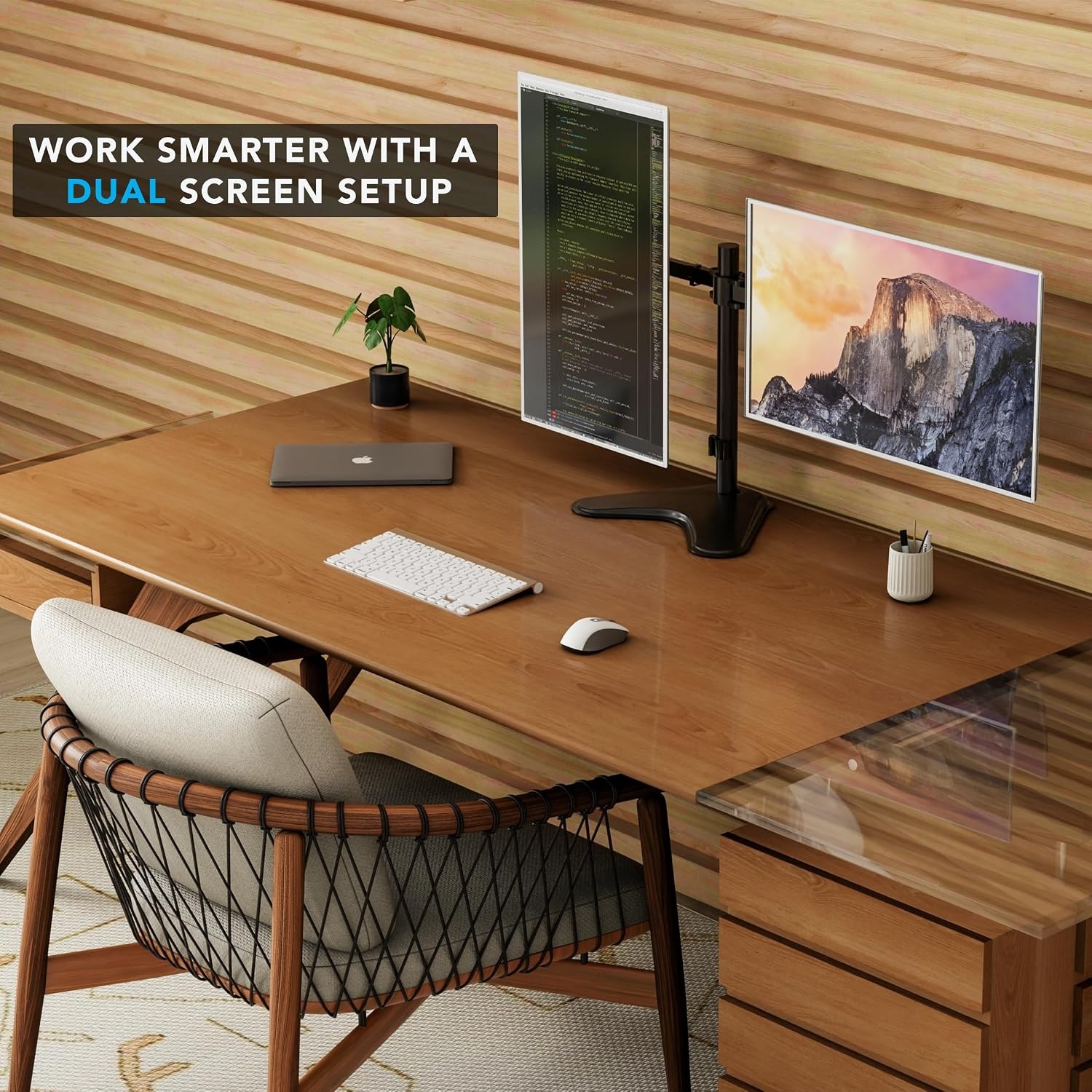 image:imageMountIt Dual Monitor Stand Premium Adjustable Desk Mount for Two 1332 Inch Screens up to 17 lbs Each Full Motion Swivel Tilt Rotate Height Adjustable Arms VESA 75x75 100x100 Steel Base