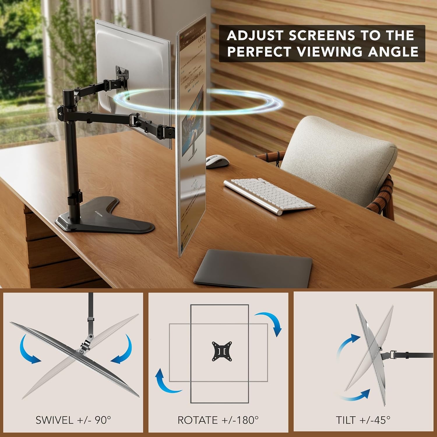 image:imageMountIt Dual Monitor Stand Premium Adjustable Desk Mount for Two 1332 Inch Screens up to 17 lbs Each Full Motion Swivel Tilt Rotate Height Adjustable Arms VESA 75x75 100x100 Steel Base
