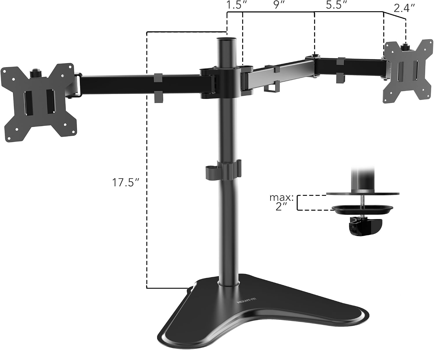 image:imageMountIt Dual Monitor Stand Premium Adjustable Desk Mount for Two 1332 Inch Screens up to 17 lbs Each Full Motion Swivel Tilt Rotate Height Adjustable Arms VESA 75x75 100x100 Steel Base