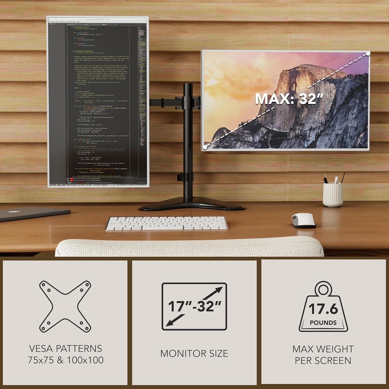 image:imageMountIt Dual Monitor Stand Premium Adjustable Desk Mount for Two 1332 Inch Screens up to 17 lbs Each Full Motion Swivel Tilt Rotate Height Adjustable Arms VESA 75x75 100x100 Steel Base