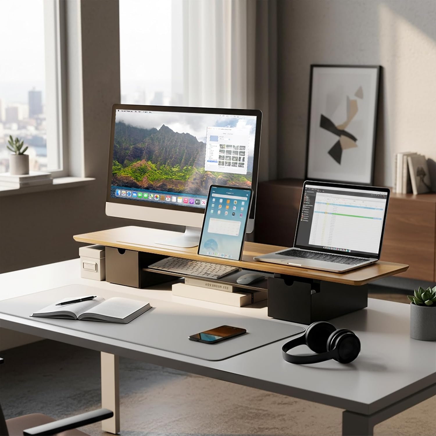 image:imageMountIt Extra Wide 39 Real Solid Bamboo Dual Monitor Stand Riser 2 Metal Drawers Shelf 66 lbs BuiltIn Device Slot Home Office Desk Organizer
