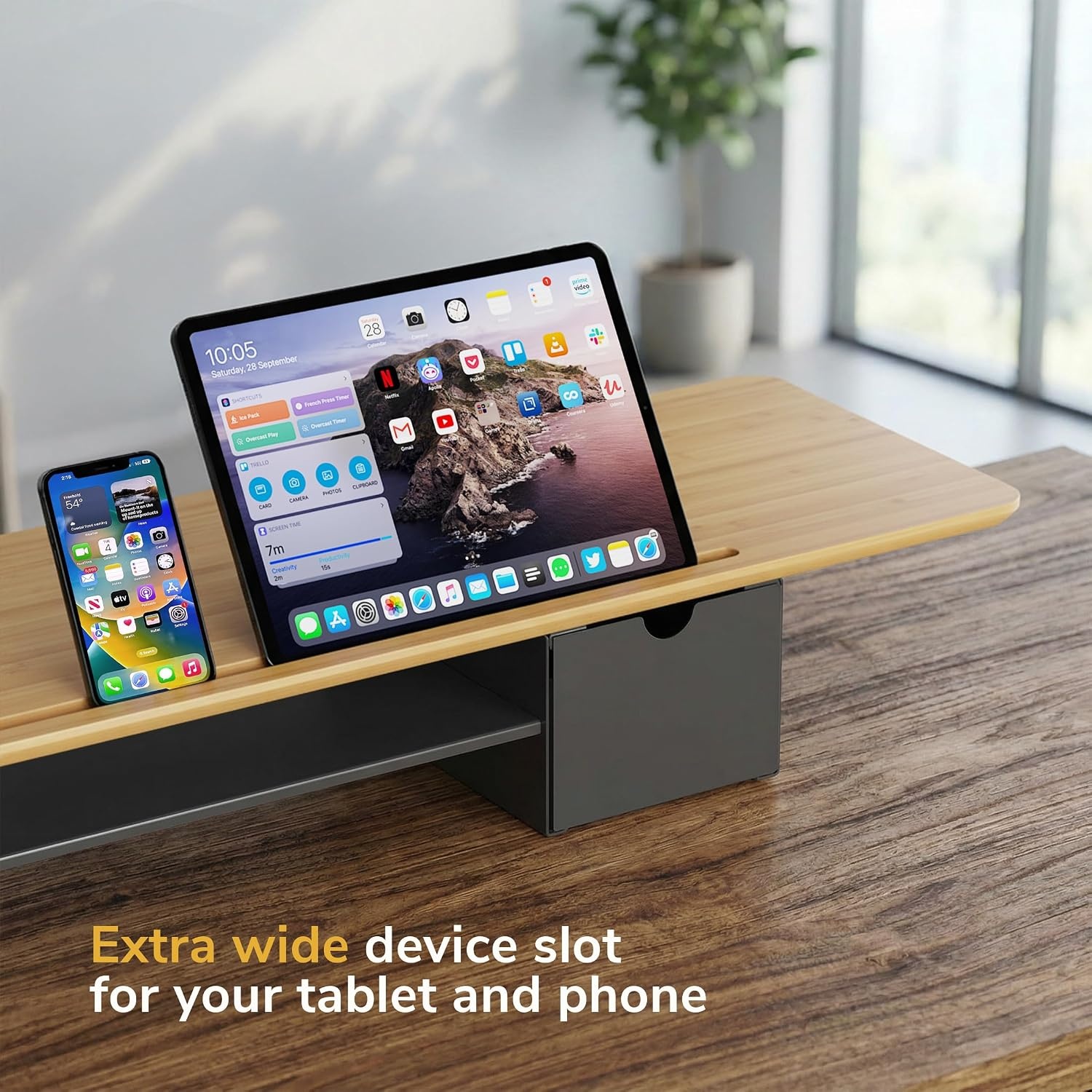 image:imageMountIt Extra Wide 39 Real Solid Bamboo Dual Monitor Stand Riser 2 Metal Drawers Shelf 66 lbs BuiltIn Device Slot Home Office Desk Organizer