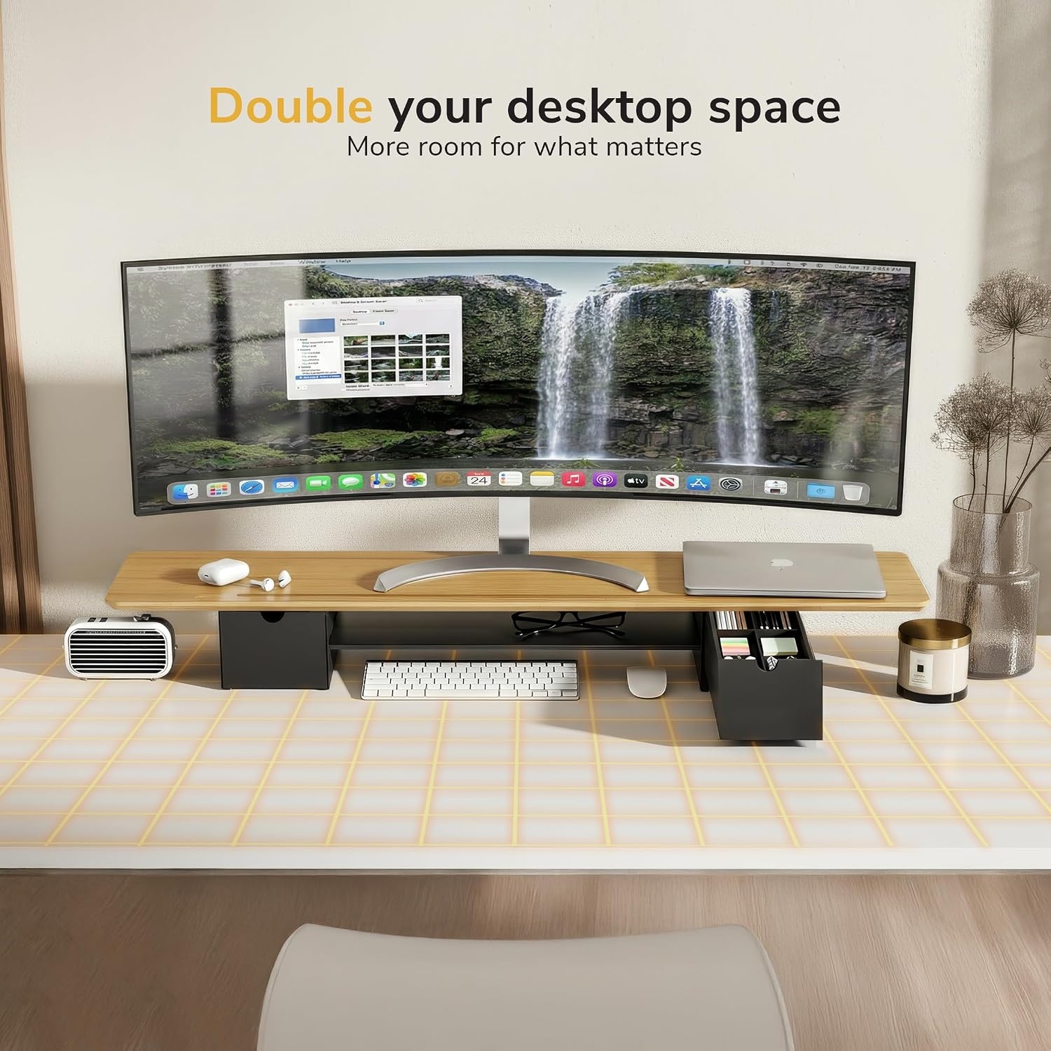 image:imageMountIt Extra Wide 39 Real Solid Bamboo Dual Monitor Stand Riser 2 Metal Drawers Shelf 66 lbs BuiltIn Device Slot Home Office Desk Organizer