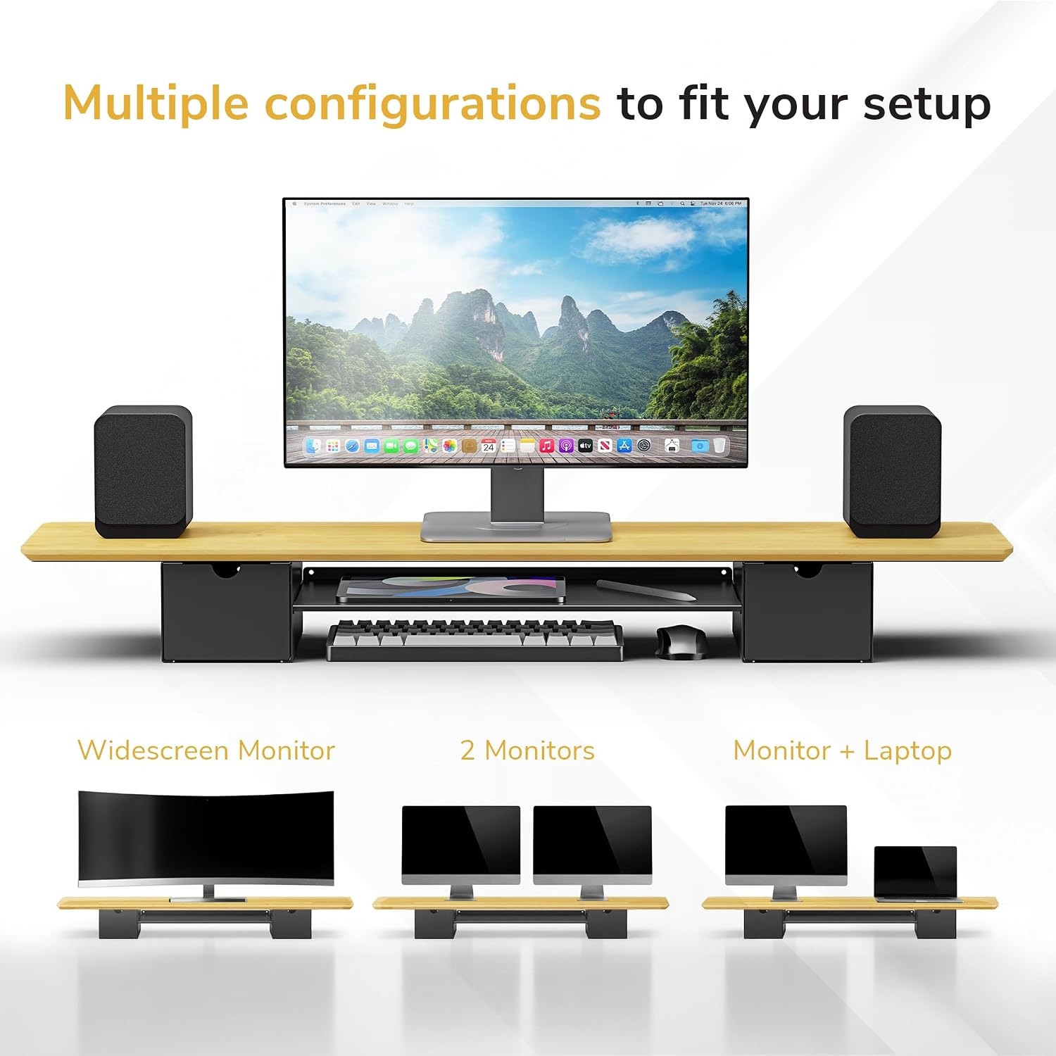 image:imageMountIt Extra Wide 39 Real Solid Bamboo Dual Monitor Stand Riser 2 Metal Drawers Shelf 66 lbs BuiltIn Device Slot Home Office Desk Organizer