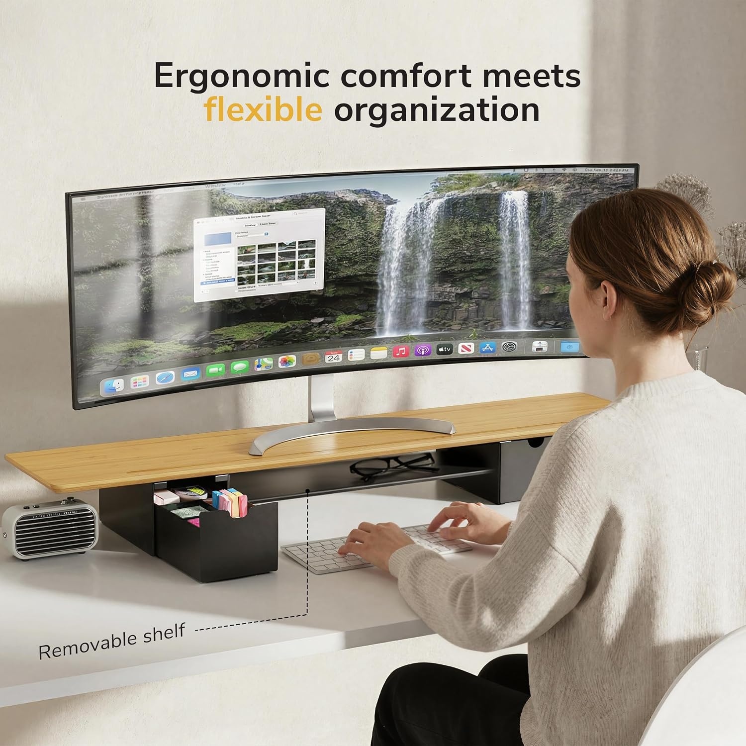 image:imageMountIt Extra Wide 39 Real Solid Bamboo Dual Monitor Stand Riser 2 Metal Drawers Shelf 66 lbs BuiltIn Device Slot Home Office Desk Organizer