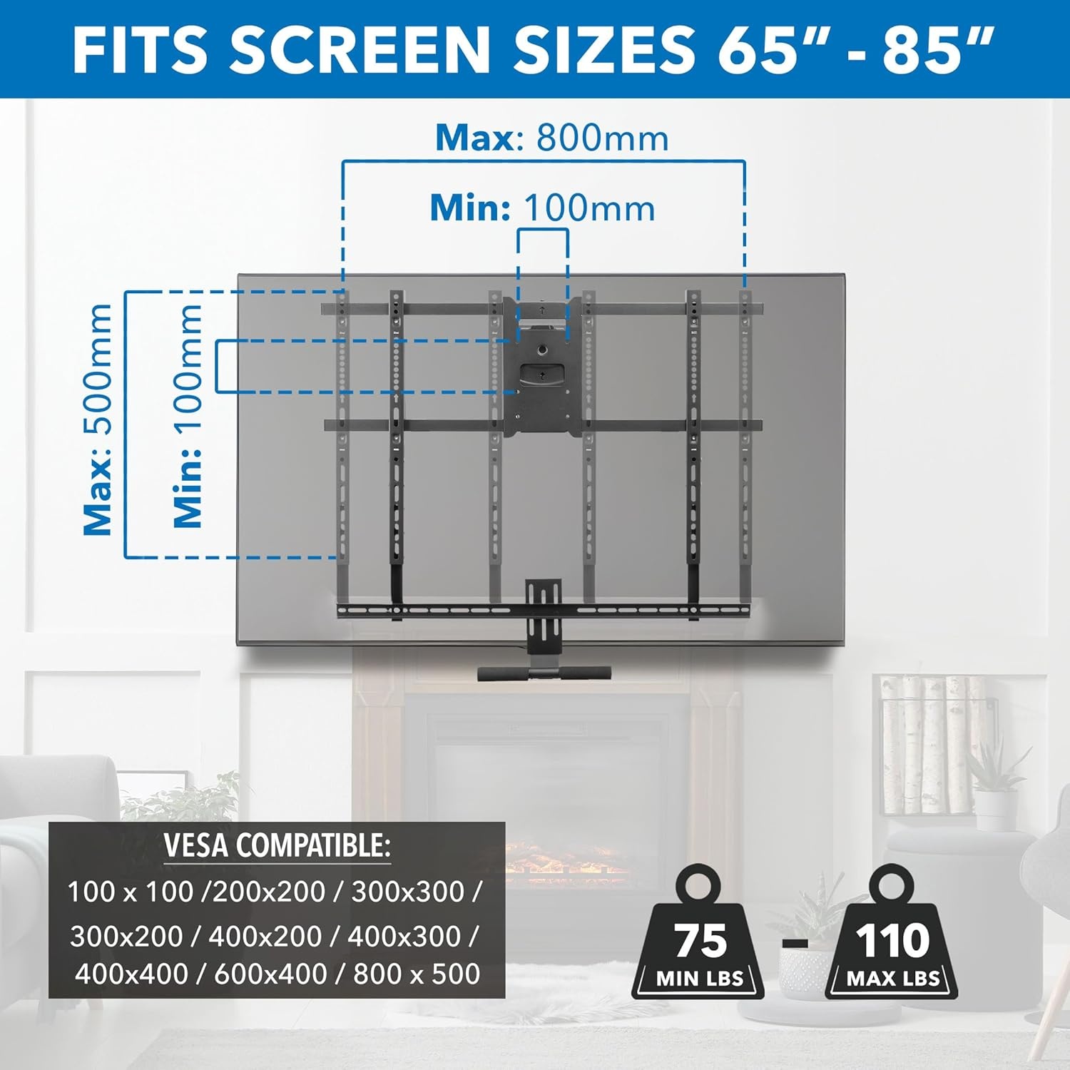 image:imageMountIt Fireplace Mantel TV Wall Mount Above Fireplace Height Adjustable TV Mount Pull Down Mantle Mount with Spring Assist 6585 inches VESA 100x100 to 800x500 max 110 lb WeightFor 65 85 TV 75110 Lbs