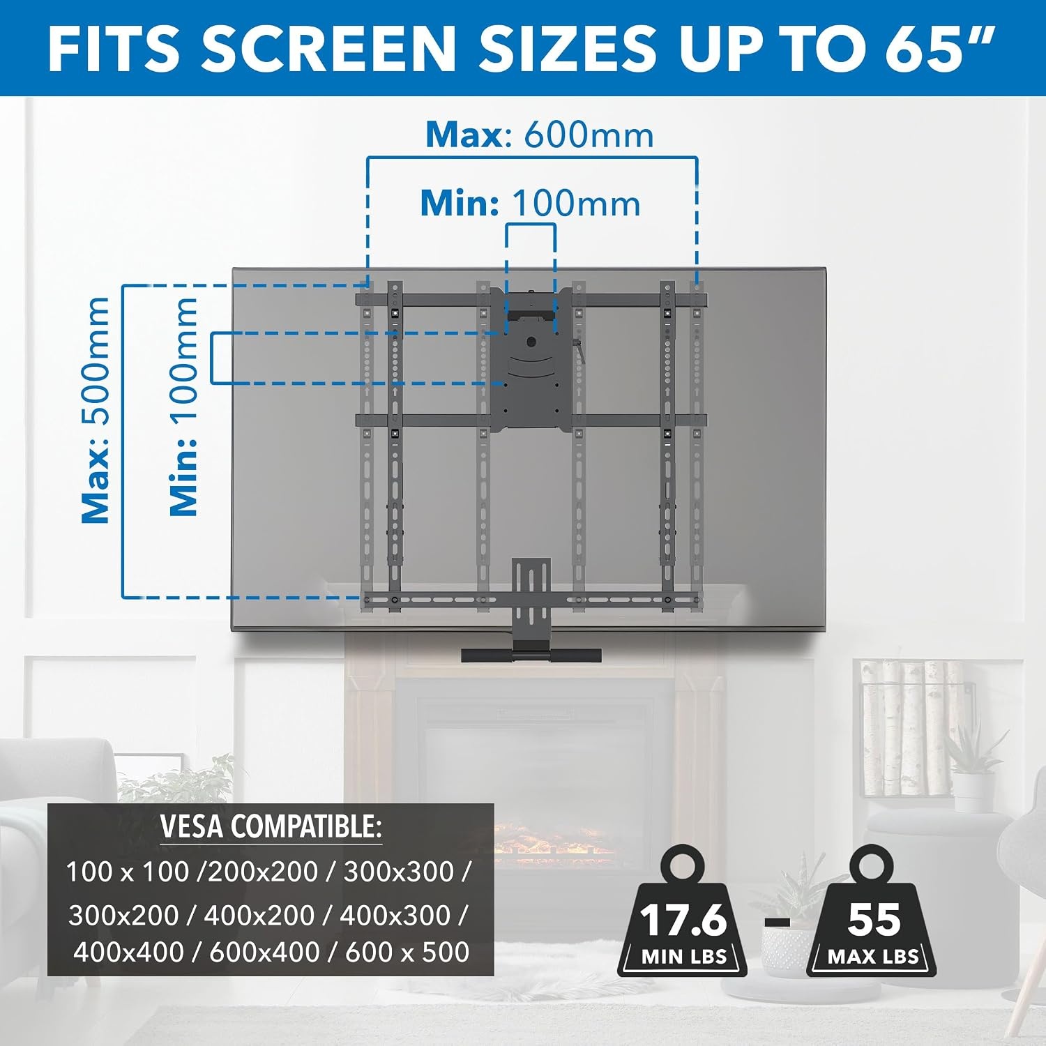 image:imageMountIt Fireplace Mantel TV Wall Mount Above Fireplace Height Adjustable TV Mount Pull Down Mantle Mount with Spring Assist 6585 inches VESA 100x100 to 800x500 max 110 lb WeightFor 42 65 TV 17655 Lbs
