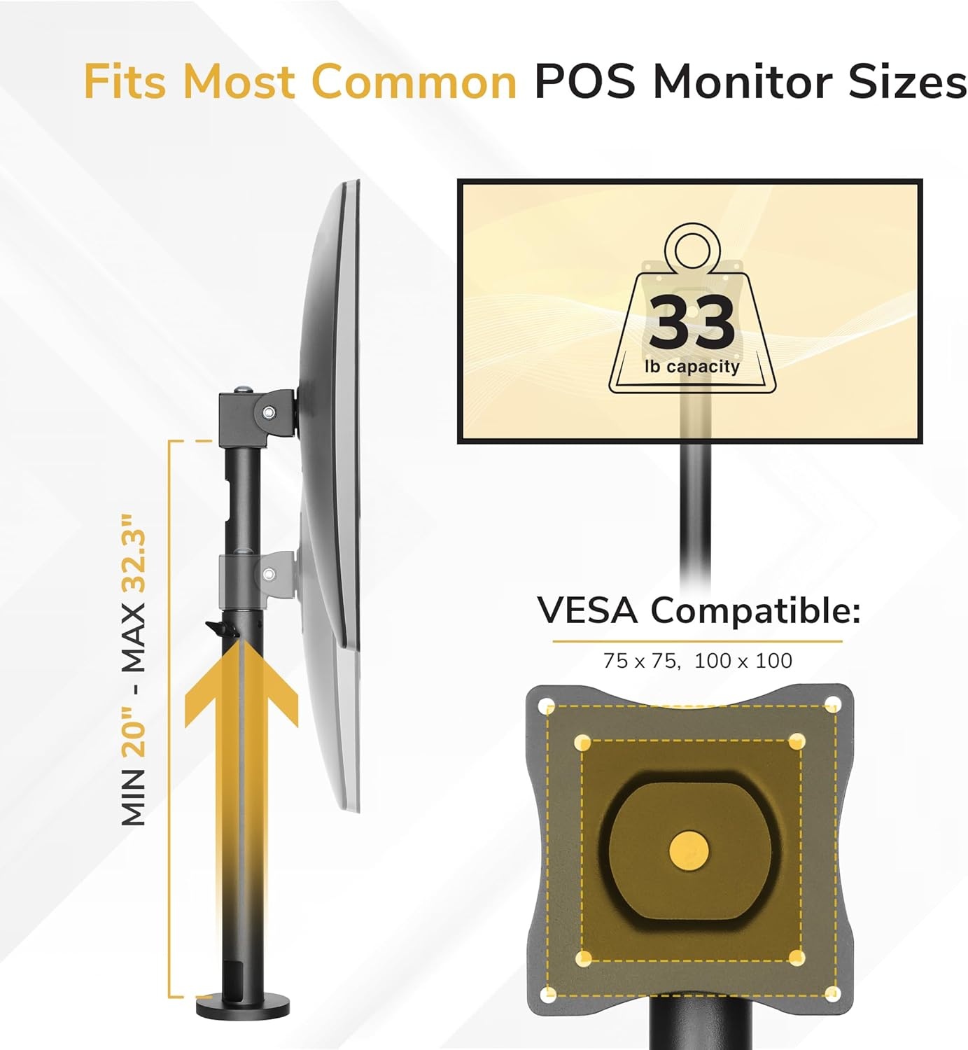image:imageMountIt Fixed Height POS Monitor Mount 197 Monitor Pole Mount for Retail Checkout Counters and Point of Sale Systems BoltDown Base VESA 75x75 amp 100x100 Fits 1332 Monitors 33 lb Capacity20323 Inches