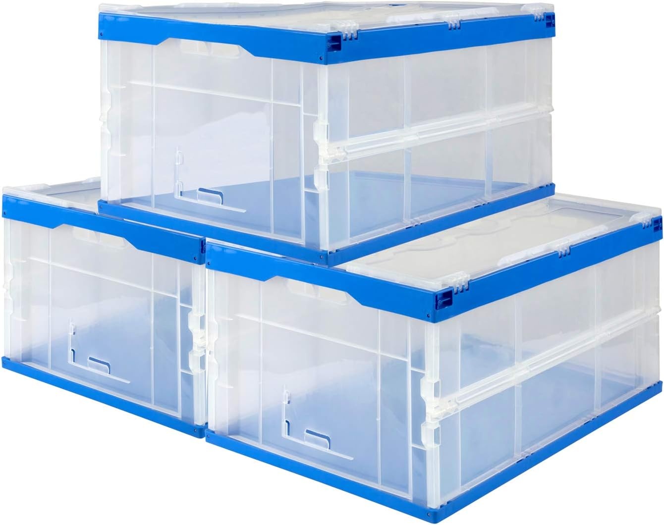 image:imageMountIt Folding Plastic Storage Crate Collapsible Utility Distribution Container with Attached Lid 23x15x13 Inches 65L Liter Capacity Clear SET OF 3Clear