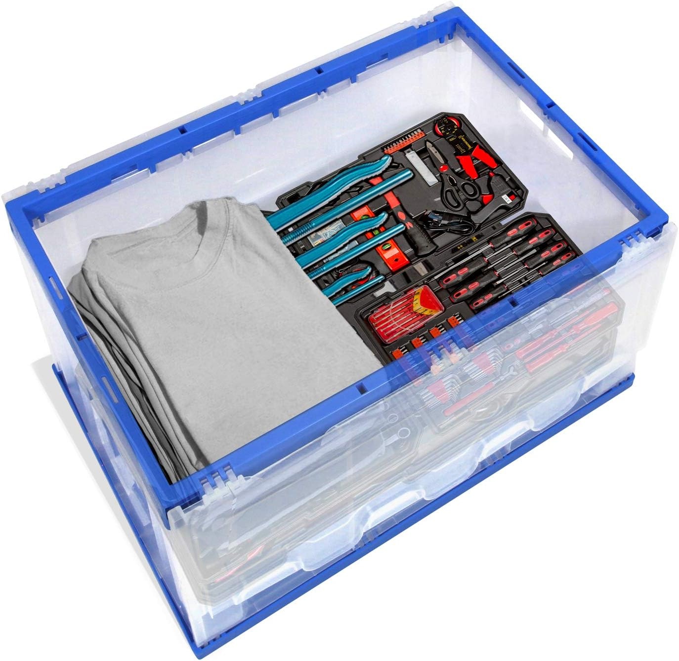 image:imageMountIt Folding Plastic Storage Crate Collapsible Utility Distribution Container with Attached Lid 23x15x13 Inches 65L Liter Capacity Clear SET OF 3Clear