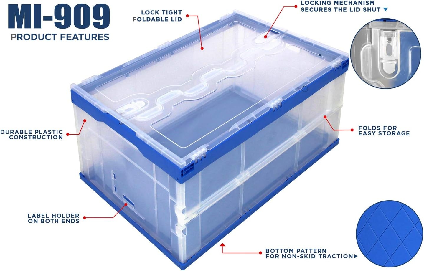 image:imageMountIt Folding Plastic Storage Crate Collapsible Utility Distribution Container with Attached Lid 23x15x13 Inches 65L Liter Capacity Clear SET OF 3Clear