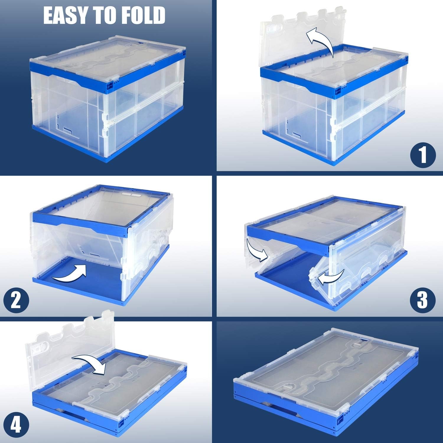 image:imageMountIt Folding Plastic Storage Crate Collapsible Utility Distribution Container with Attached Lid 23x15x13 Inches 65L Liter Capacity Clear SET OF 3Clear
