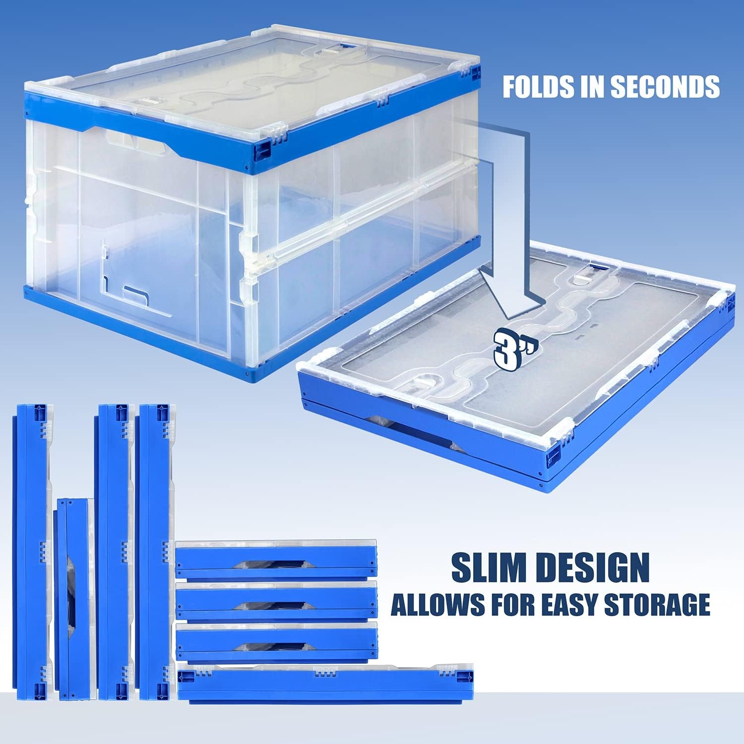 image:imageMountIt Folding Plastic Storage Crate Collapsible Utility Distribution Container with Attached Lid 23x15x13 Inches 65L Liter Capacity Clear SET OF 3Clear