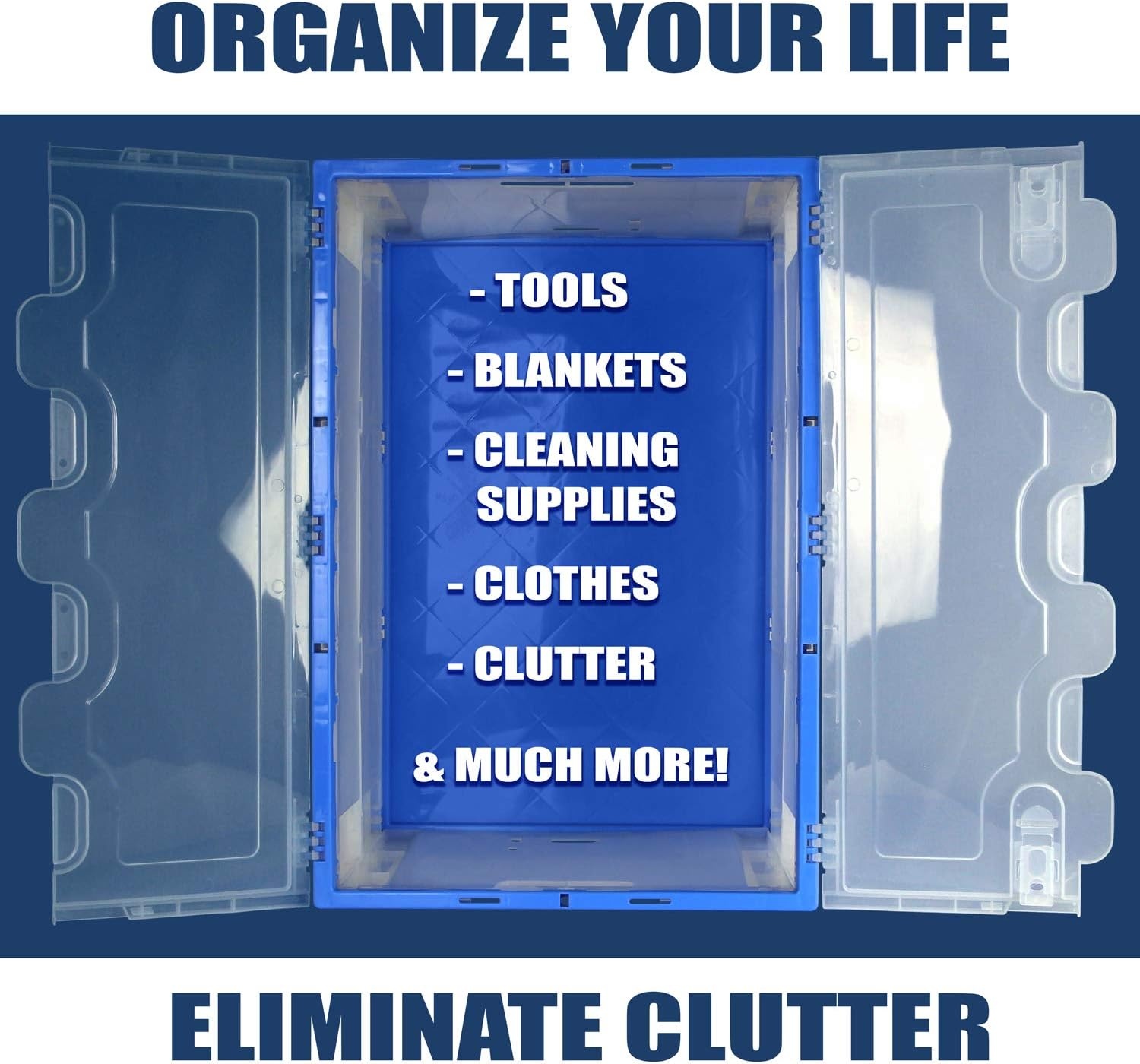 image:imageMountIt Folding Plastic Storage Crate Collapsible Utility Distribution Container with Attached Lid 23x15x13 Inches 65L Liter Capacity Clear SET OF 3Clear