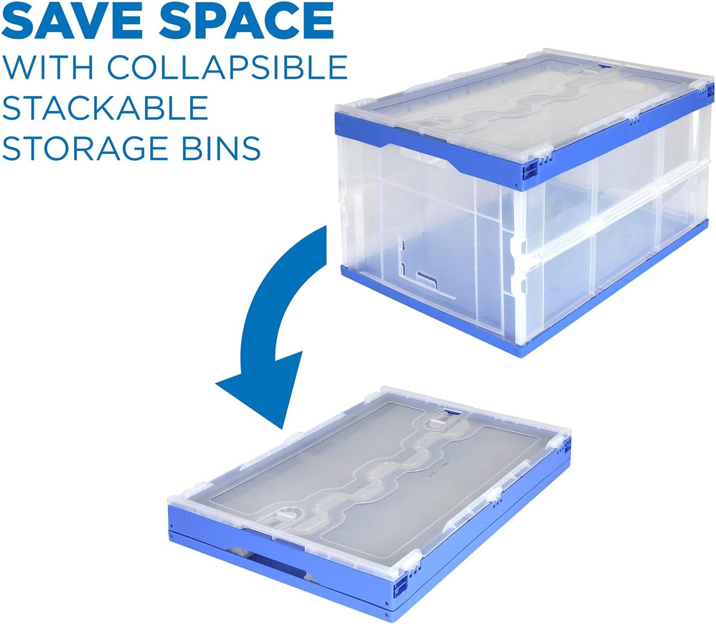 image:imageMountIt Folding Plastic Storage Crate Collapsible Utility Distribution Container with Attached Lid 23x15x13 Inches 65L Liter Capacity Clear SET OF 3Clear