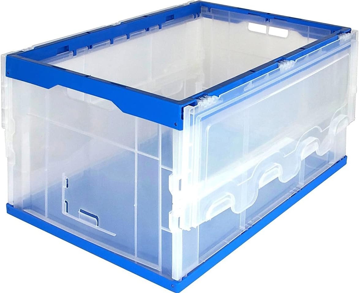 image:imageMountIt Folding Plastic Storage Crate Collapsible Utility Distribution Container with Attached Lid 23x15x13 Inches 65L Liter Capacity Clear SET OF 3Clear
