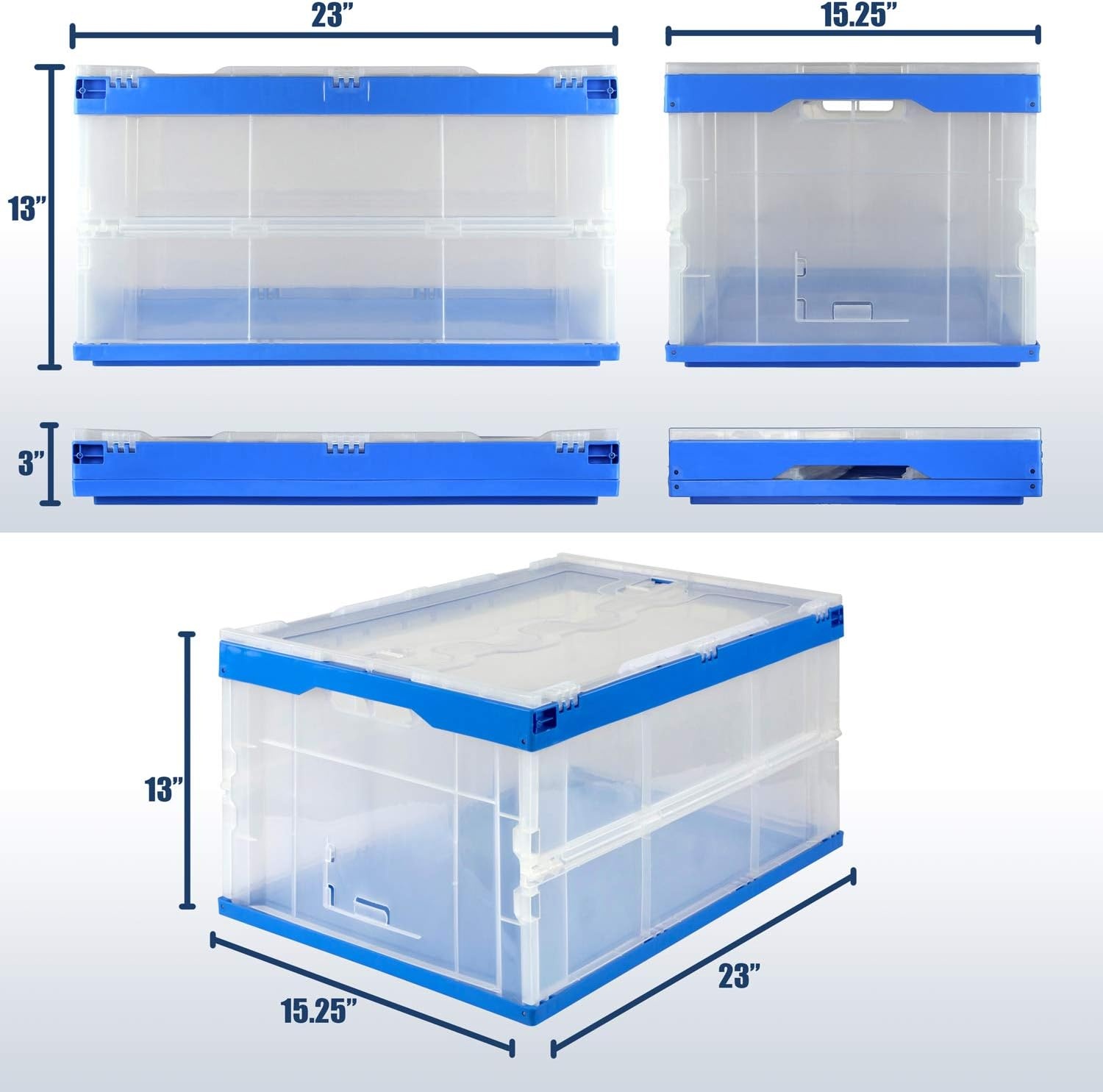 image:imageMountIt Folding Plastic Storage Crate Collapsible Utility Distribution Container with Attached Lid 23x15x13 Inches 65L Liter Capacity Clear SET OF 3Clear