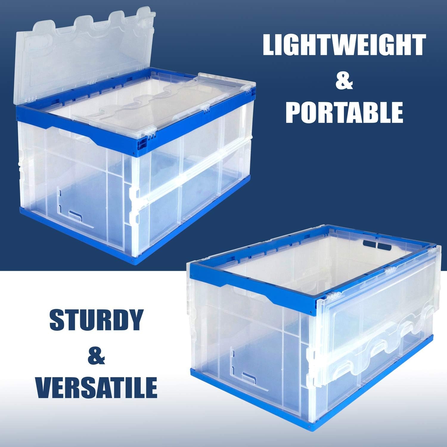 image:imageMountIt Folding Plastic Storage Crate Collapsible Utility Distribution Container with Attached Lid 23x15x13 Inches 65L Liter Capacity Clear SET OF 3Clear