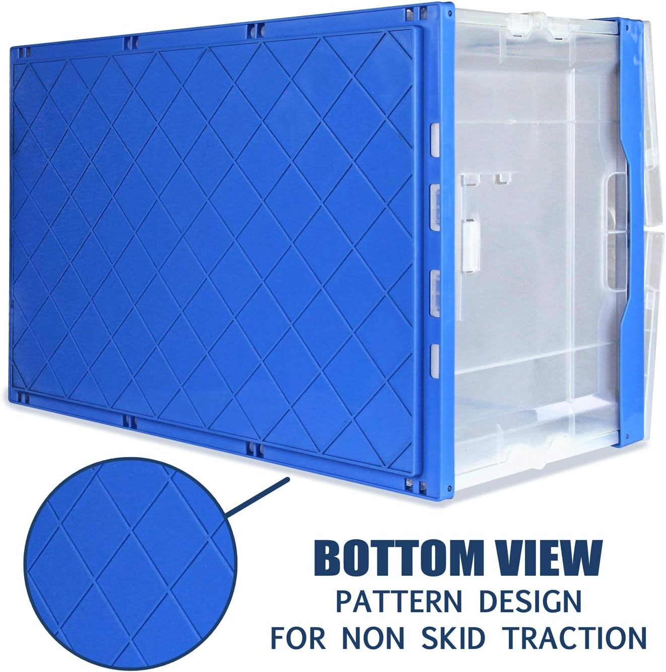 image:imageMountIt Folding Plastic Storage Crate Collapsible Utility Distribution Container with Attached Lid 23x15x13 Inches 65L Liter Capacity Clear SET OF 3Clear