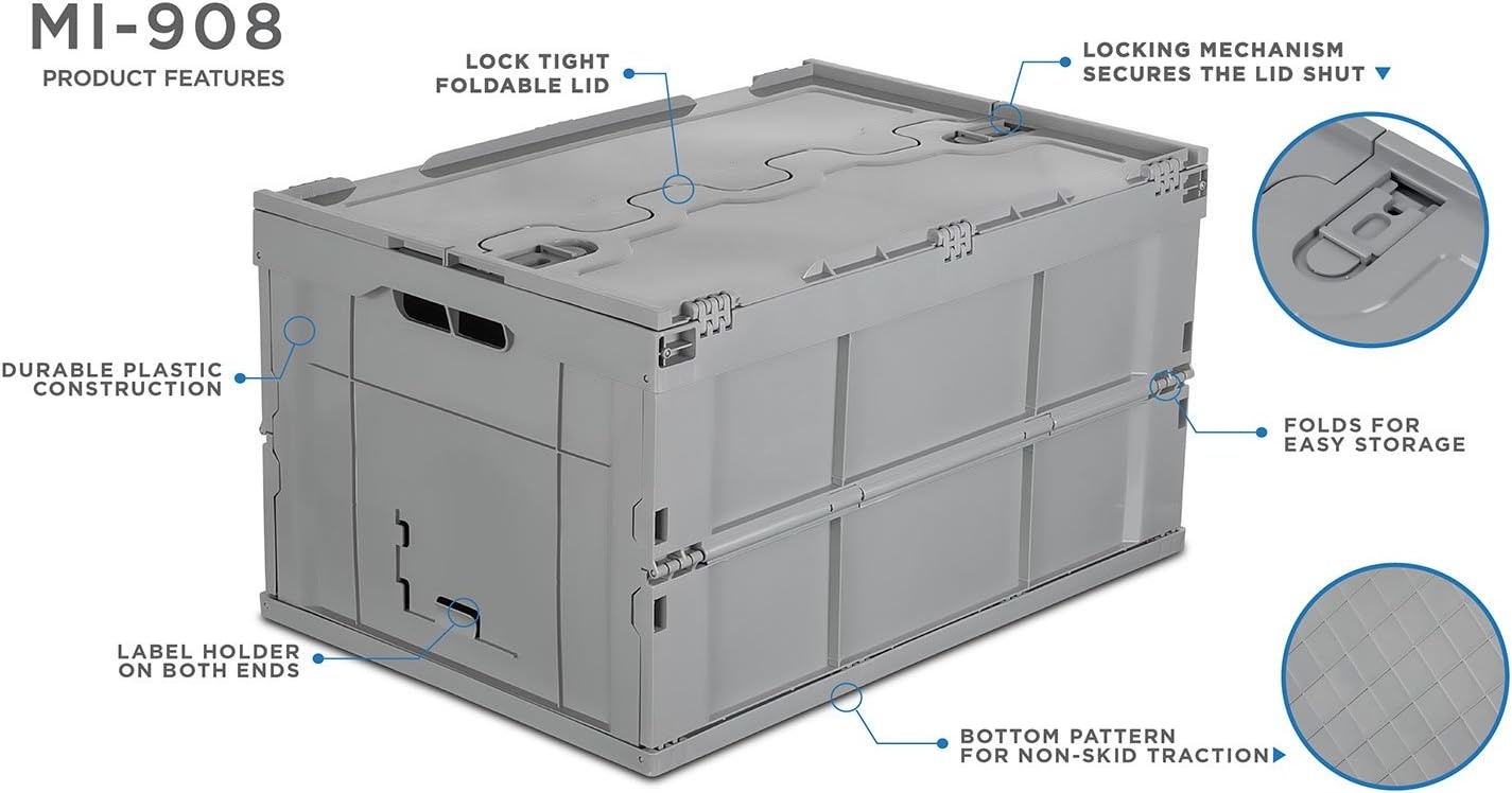 image:imageMountIt Folding Plastic Storage Crate Collapsible Utility Distribution Container with Attached Lid 23x15x13 Inches 65L Liter Capacity Clear SET OF 3Gray