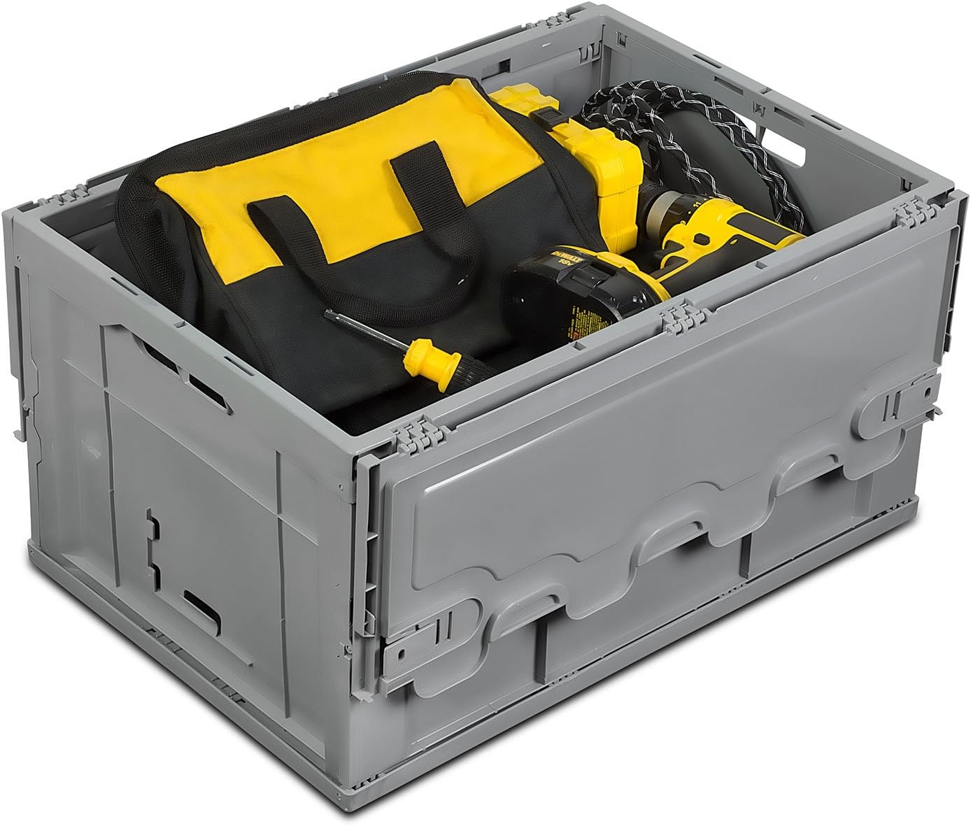 image:imageMountIt Folding Plastic Storage Crate Collapsible Utility Distribution Container with Attached Lid 23x15x13 Inches 65L Liter Capacity Clear SET OF 3Gray