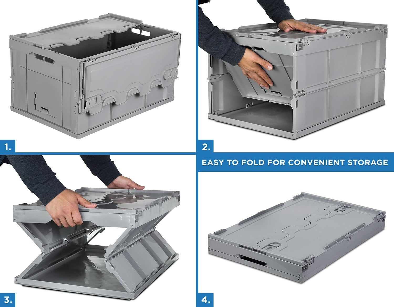 image:imageMountIt Folding Plastic Storage Crate Collapsible Utility Distribution Container with Attached Lid 23x15x13 Inches 65L Liter Capacity Clear SET OF 3Gray