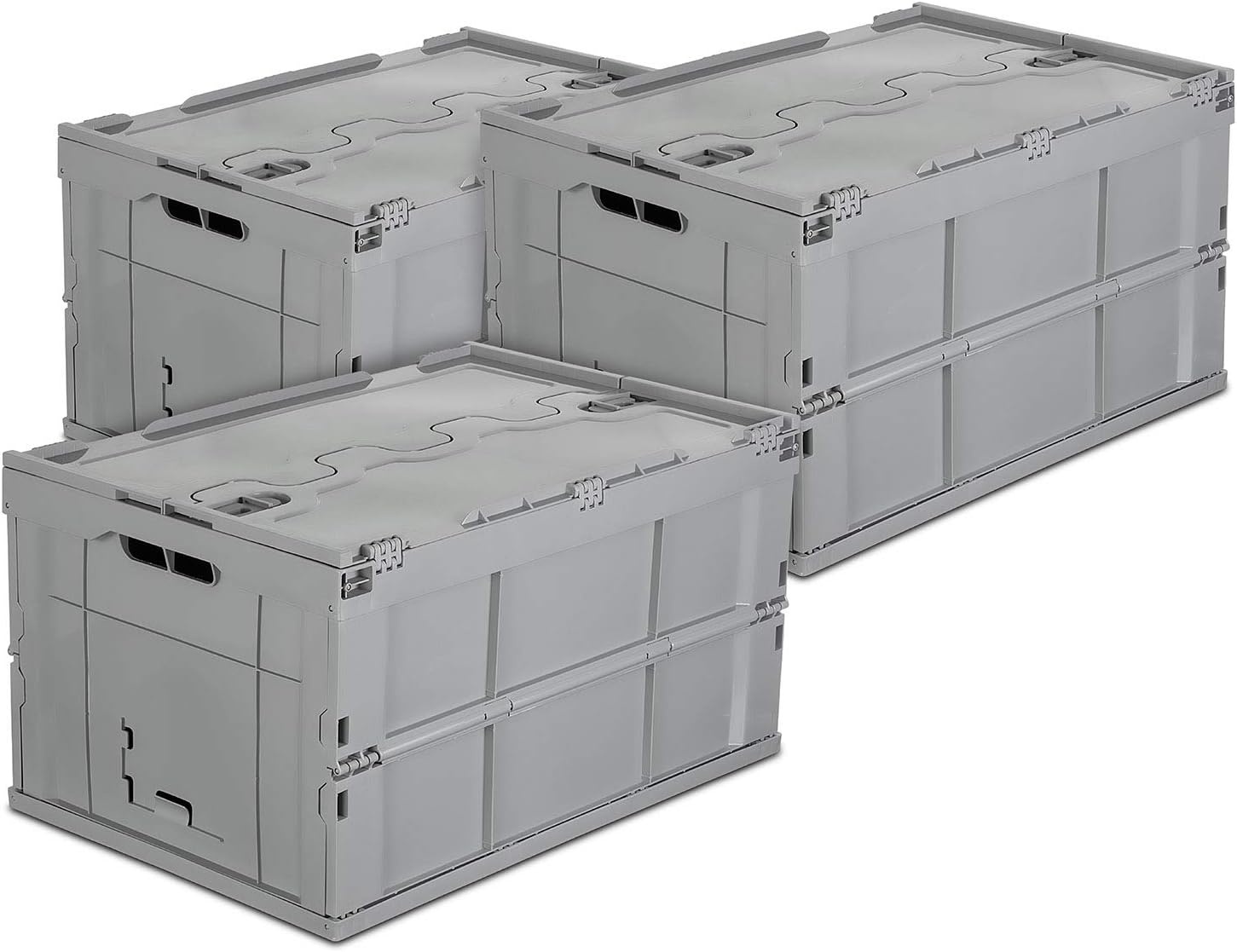 image:imageMountIt Folding Plastic Storage Crate Collapsible Utility Distribution Container with Attached Lid 23x15x13 Inches 65L Liter Capacity Clear SET OF 3Gray