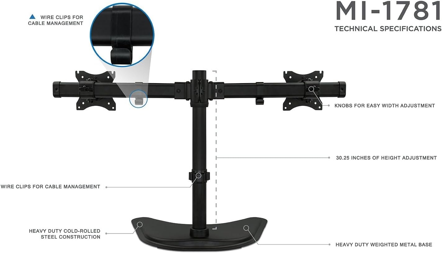 image:imageMountIt Free Standing Dual Monitor Stand Double Monitor Desk Mount Fits Two x 19 20 21 22 23 24 27 Inch Computer Screens 2 Heavy Duty Height Adjustable Arms VESA Compatible 75 100