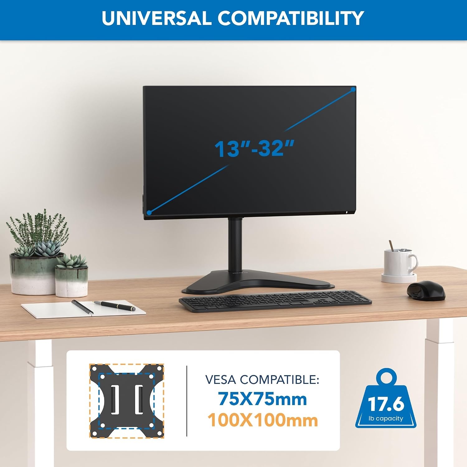 image:imageMountIt Free Standing Monitor Stand for Desktops Single Monitor Mount VESA 75 100 Compatible Displays Height Adjustable Tilt Swivel Rotating Fits 215 23 24 27 28 29 32 Inch Computer Screen