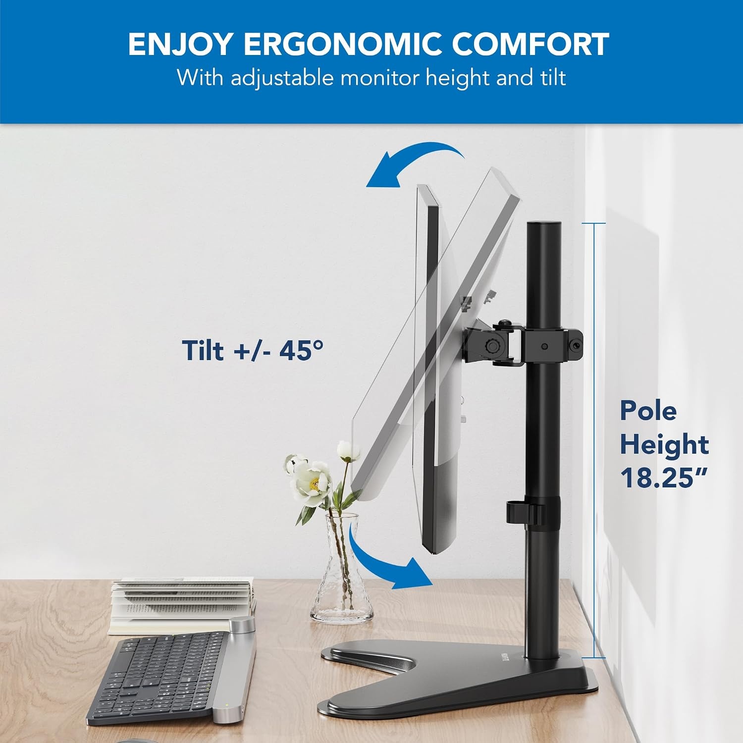 image:imageMountIt Free Standing Monitor Stand for Desktops Single Monitor Mount VESA 75 100 Compatible Displays Height Adjustable Tilt Swivel Rotating Fits 215 23 24 27 28 29 32 Inch Computer Screen