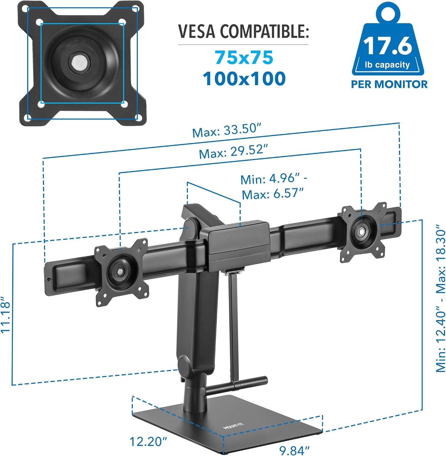 image:imageMountIt Freestanding Dual Monitor Stand 17 to 32 Height Adjustable Tension Adjustable Spring Monitor Stand for 2 Screens Max VESA 100x100 Swivel Rotation Instant Height Adjustment Black