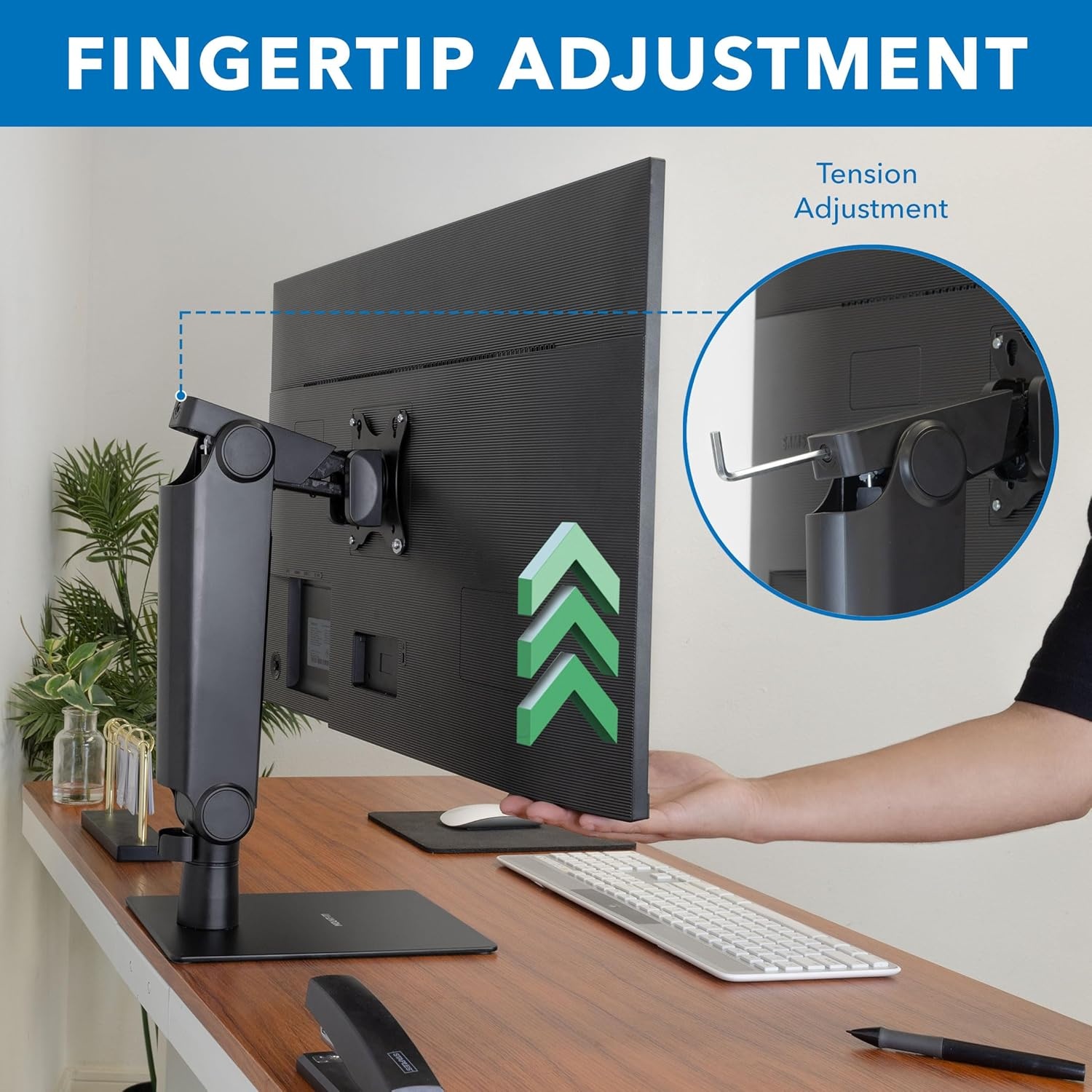 image:imageMountIt Freestanding Single Monitor Arm 17 to 32 Height Adjustable Tension Adjustable Spring Mechanism Monitor Stand Max VESA 100x100 Swivel Rotation Instant Height Adjustment Black