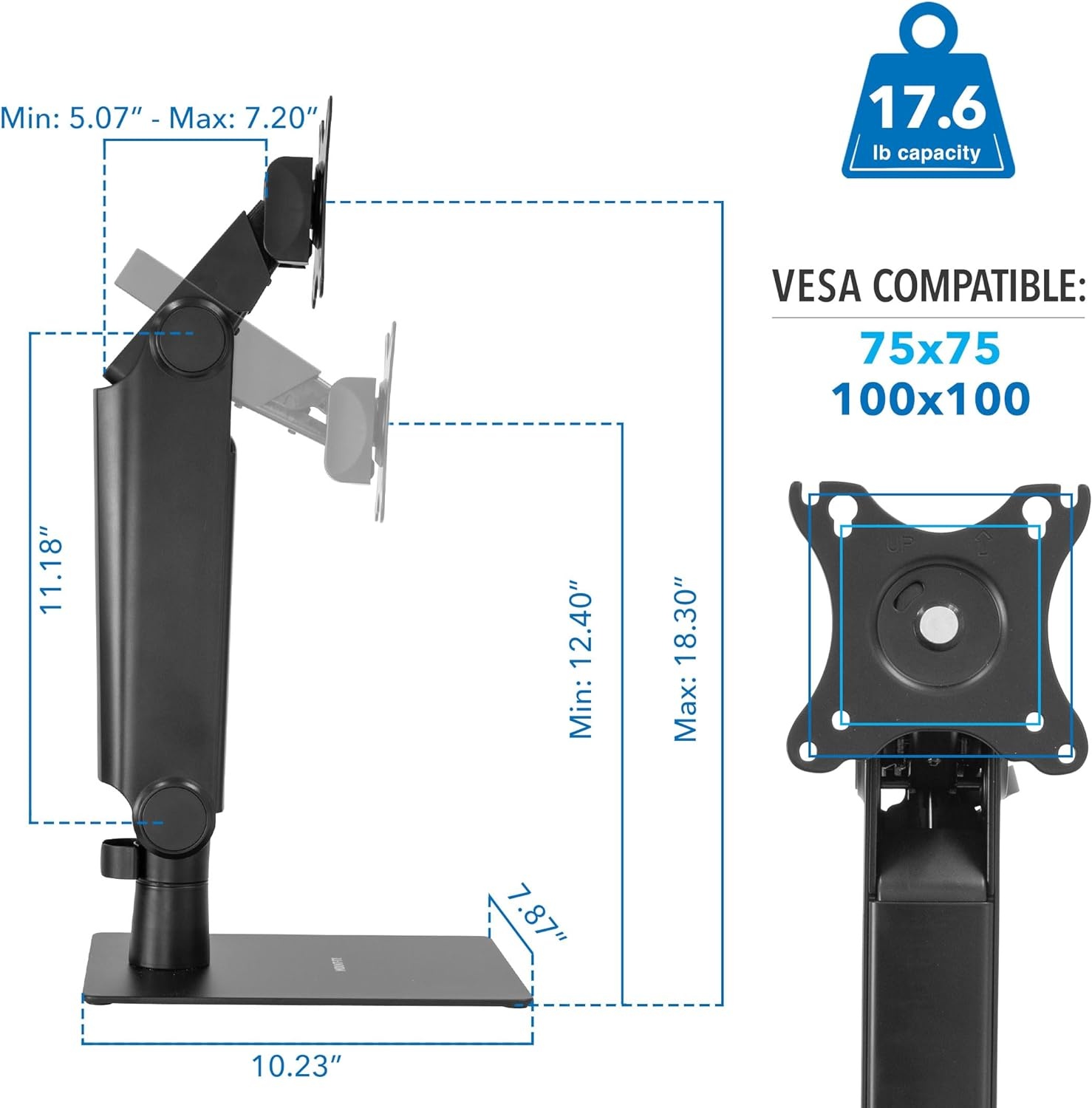 image:imageMountIt Freestanding Single Monitor Arm 17 to 32 Height Adjustable Tension Adjustable Spring Mechanism Monitor Stand Max VESA 100x100 Swivel Rotation Instant Height Adjustment Black