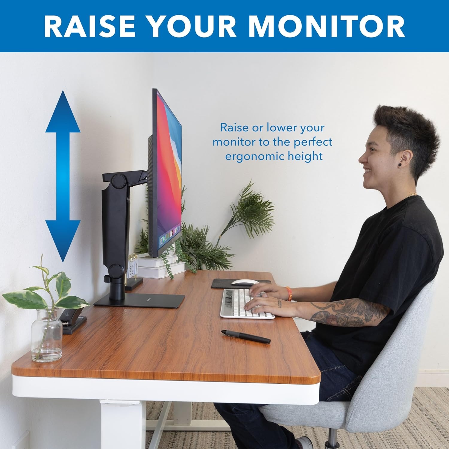 image:imageMountIt Freestanding Single Monitor Arm 17 to 32 Height Adjustable Tension Adjustable Spring Mechanism Monitor Stand Max VESA 100x100 Swivel Rotation Instant Height Adjustment Black