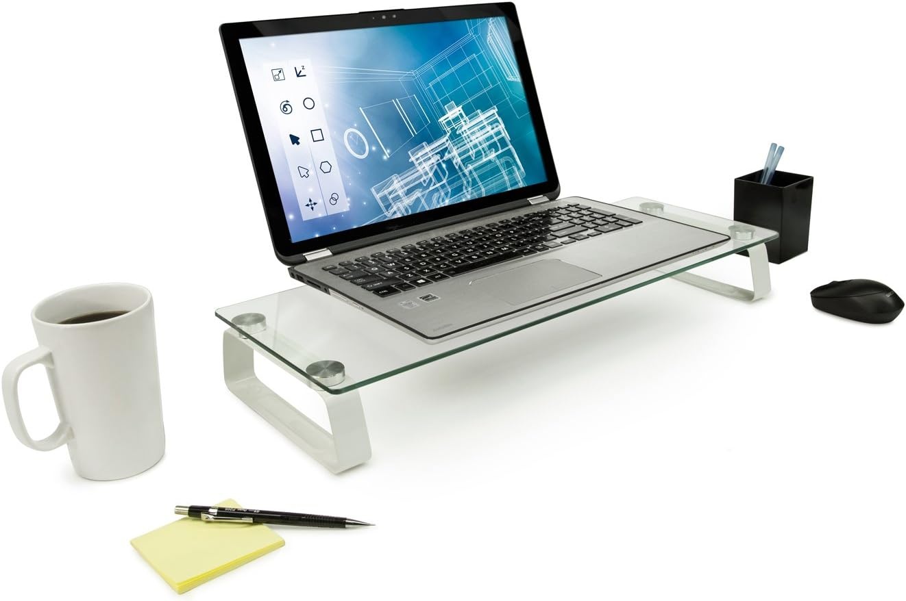 image:imageMountIt Glass Computer Monitor Riser and Laptop Stand Clear Flat Screen Display Stand Desktop Shelf and Organizer Glass and Aluminum Construction 22 Inches Wide 44 lb Carrying Capacity