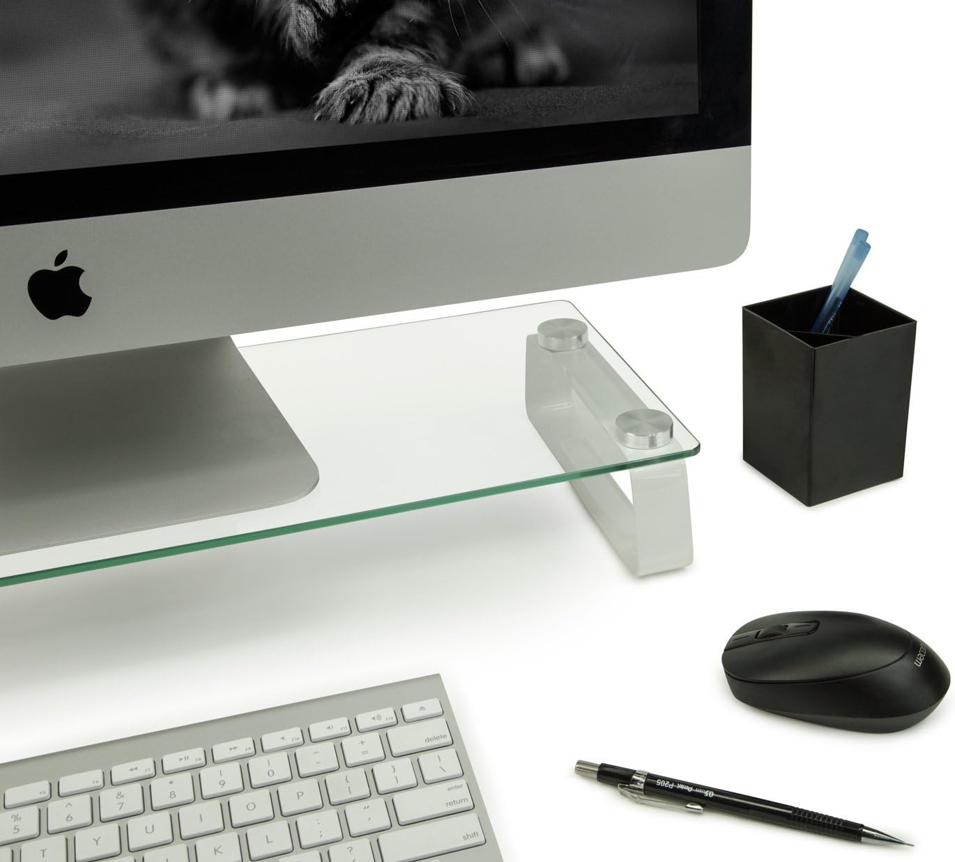image:imageMountIt Glass Computer Monitor Riser and Laptop Stand Clear Flat Screen Display Stand Desktop Shelf and Organizer Glass and Aluminum Construction 22 Inches Wide 44 lb Carrying Capacity