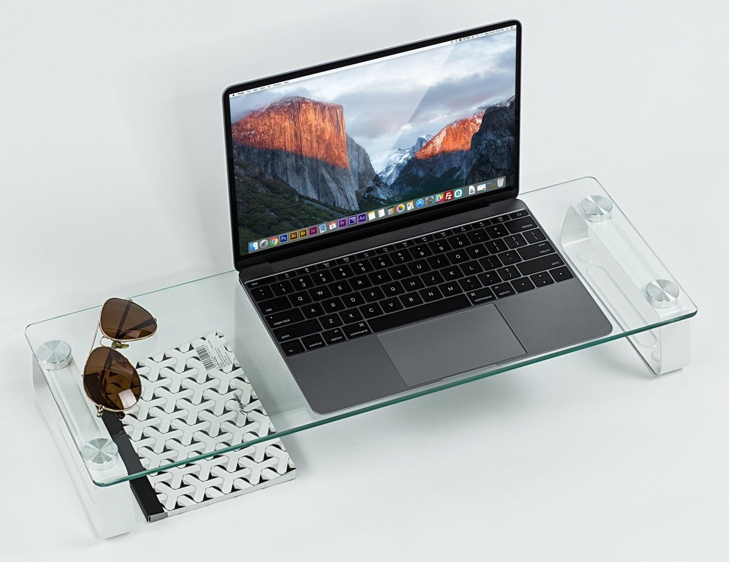 image:imageMountIt Glass Computer Monitor Riser and Laptop Stand Clear Flat Screen Display Stand Desktop Shelf and Organizer Glass and Aluminum Construction 22 Inches Wide 44 lb Carrying Capacity